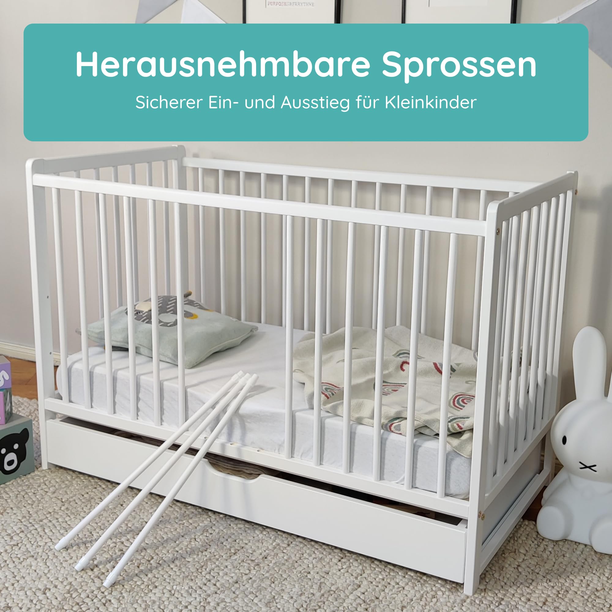 Kids Collective Babybett Kinderbett 60x120 cm Gitterbett Baby Bett Komplett-Set Beistellbett mitwachsend, Lattenrost höhenverstellbar mit abnehmbaren Sprossen, mit Schublade | Kiefer-Vollholz | weiß