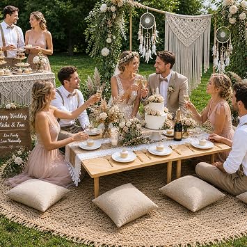60 x 30 Low Picnic Table with 8 Wooden Legs Boho Table Runner Folding Picnic Table Portable for Indoor Outdoor Use Ideal for Backyard Picnic Beach Weddings Garden Parties (Herringbone)