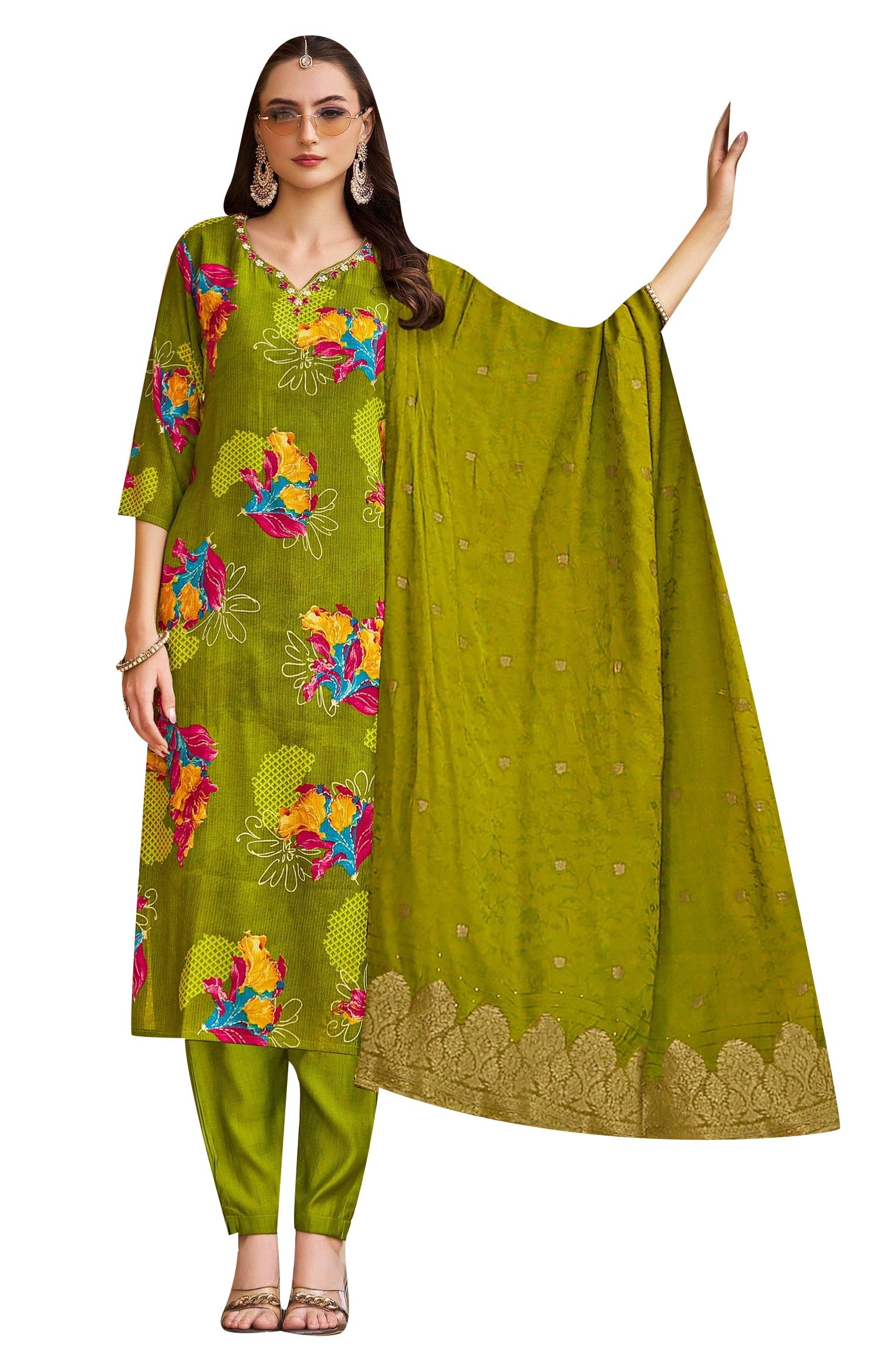 Ladyline Women Korean Silk Printed Hand Work Salwar Kameez | Digital Print Kurta with Pants & Jamawaram Dupatta | Ethnic Indian Dress (SPESK RAPR) (40/ Green)