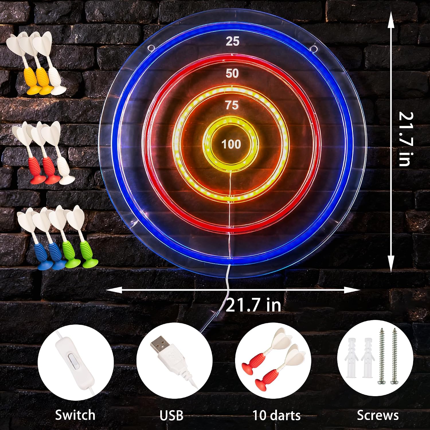 LED Light Up Dartboard with Safe Suction Cup Darts, LED Dartboard with Backlight for Kids, Teens & Adults, USB Powered Game Room Wall Decor for Family Fun