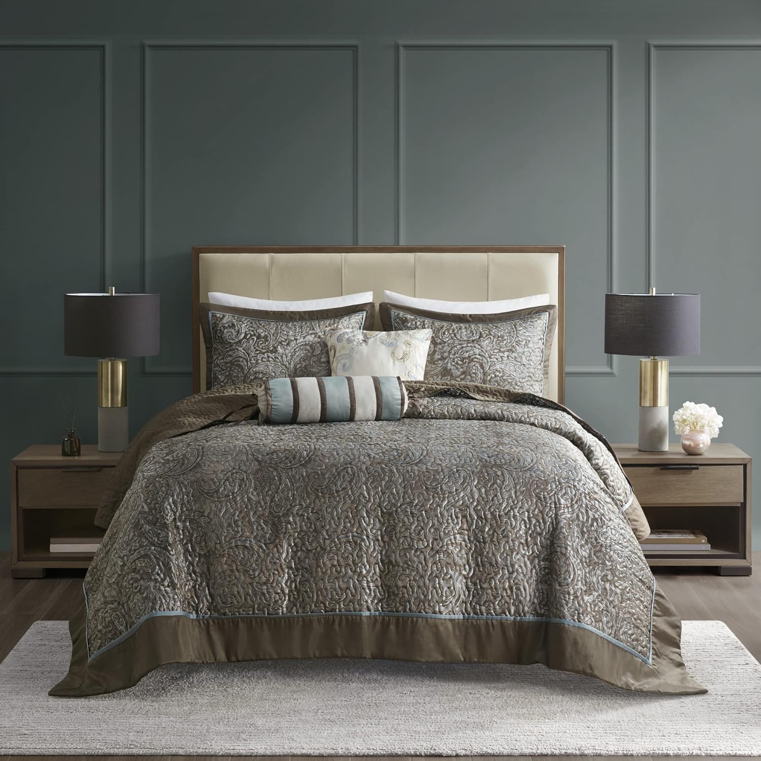 5 Piece Jacquard Bedspread Set with Throw Pillows Blue/Brown Queen