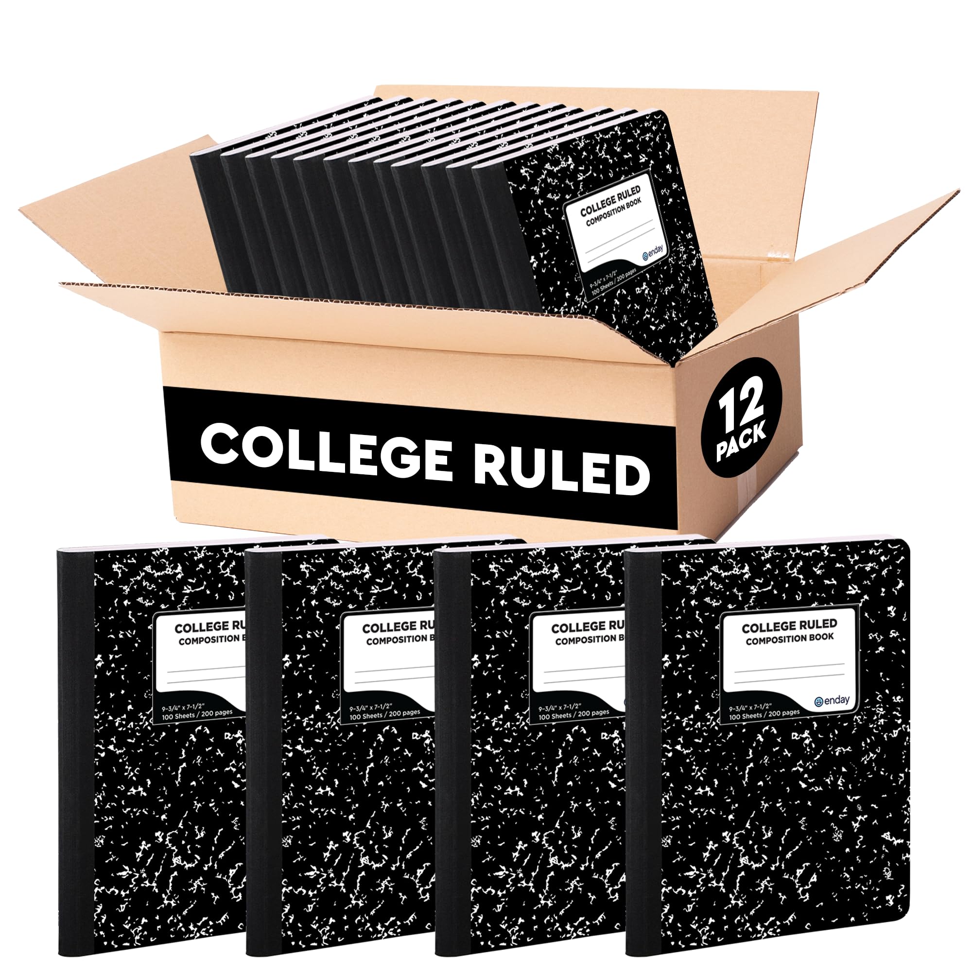 Emraw Black & White Marble Style Cover Composition Book with 100 Sheets of College Ruled White Paper (12 Pack)