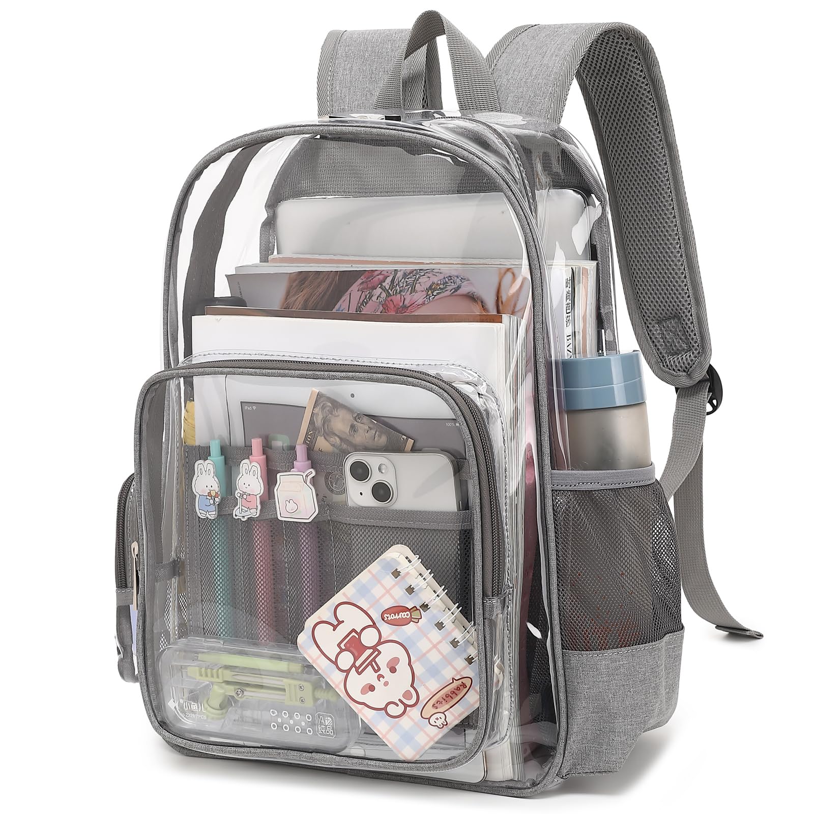 Mimfutu Heavy Duty Clear Backpack School Backpack, PVC Transparent Backpacks See Through Bookbag for Girls Boys Women Men (Grey), Large