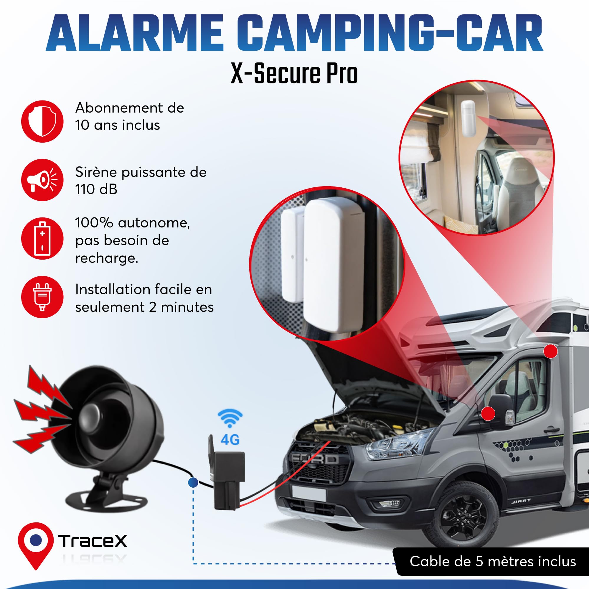 Système d'alarme antivol et Traceur GPS – antivol 110dB - Alarme Universelle de sécurité pour Fourgon, Camping-Car, Van, Voiture, Moto