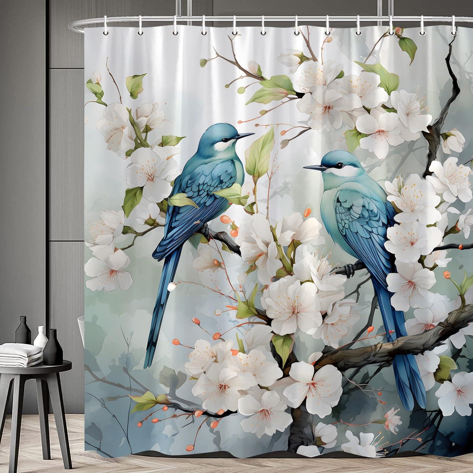 UIYIUI Two Blue Birds On Branches Decorative Shower Curtain 70x69in（178x175cm） Watercolor Floral Animal Spring Summer Garden View Bathroom Curtain, Polyester Waterproof for Shower Stall Bathtubs