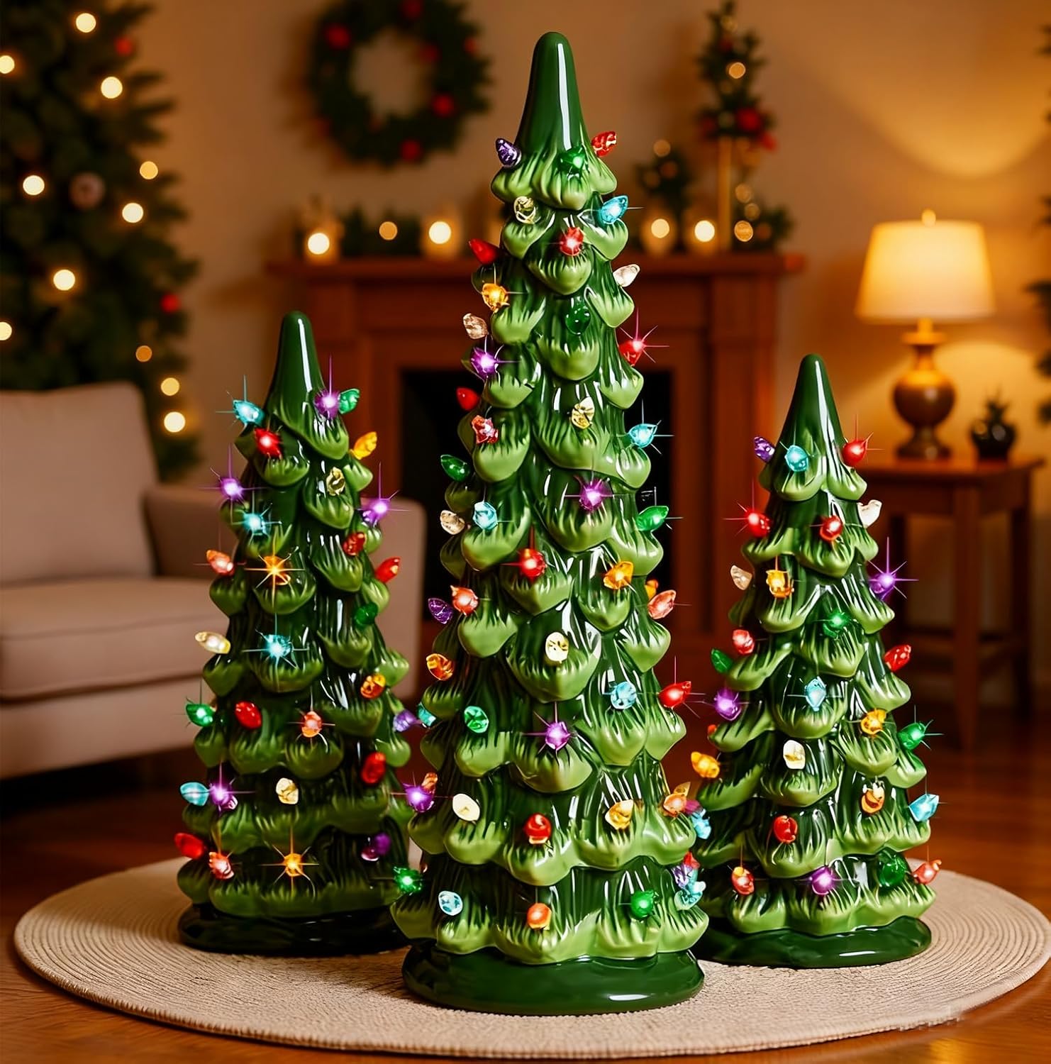 Set of 3 Christmas Trees with Lights, Vintage Tabletop Lighted Christmas Tree Hand Painted Table Decorations, Nostalgic Xmas Ornaments Gifts for Holiday Mantel Table Centerpieces Window Porch