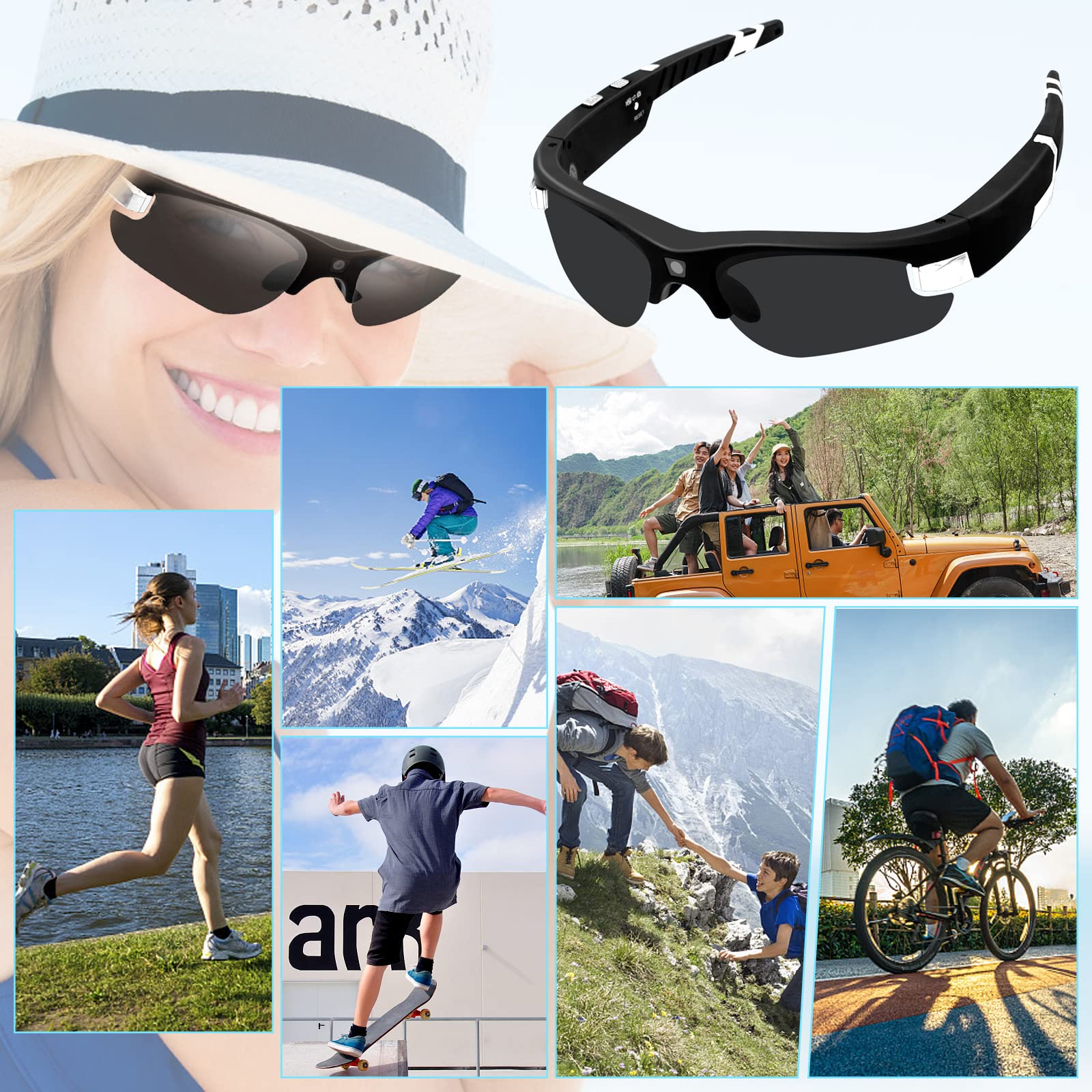 Gafas con Camara, 1080P HD Action CAM, Lente Polarizada y de un Solo Toque Gafas Camara con 160 Minutos de Tiempo de Funcionamiento Admite Grabación de Vídeo y Toma de Fotografías