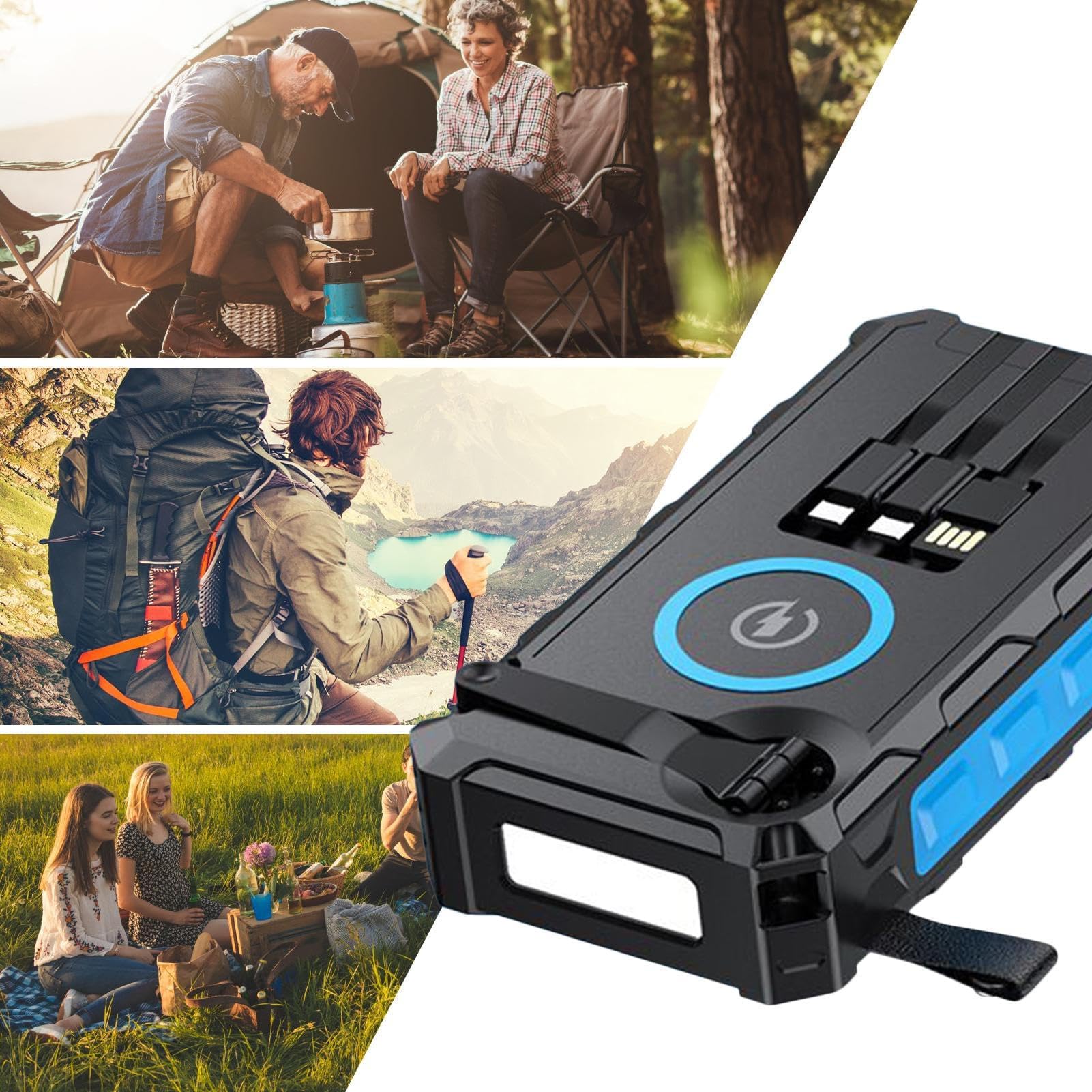 Power Bank portatile a energia solare con manovella, ricarica rapida da 20000 mAh, uscita a 6 dispositivi, impermeabile IPX66, adatta per campeggio, zaino in spalla, uso
