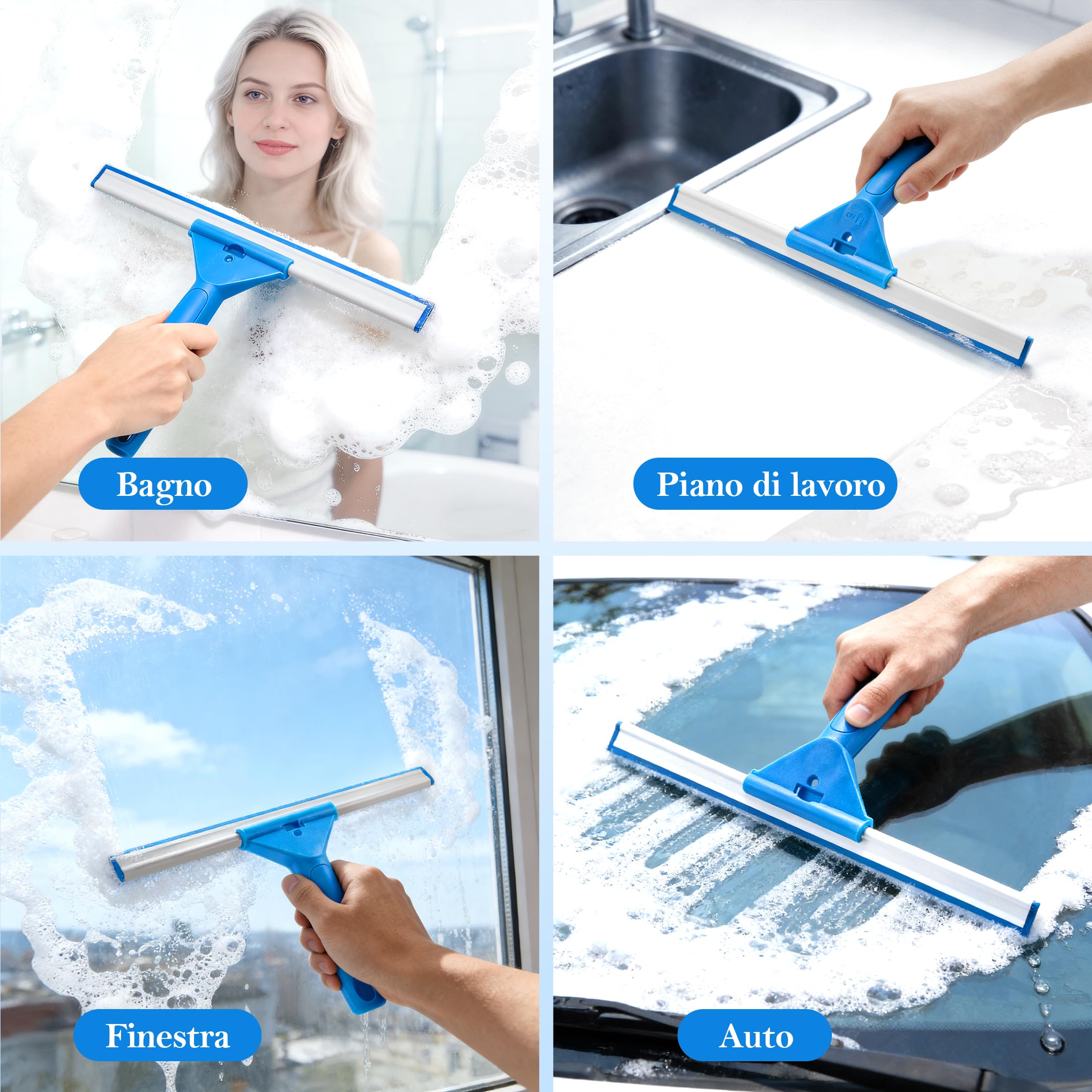 Lavavetri Telescopico Professionale 2 in 1 con Spazzola e Tiraacqua per Vetri, Kit Pulizia Vetri Finestre, Doccia, Auto e Specchi, Panno in Microfibra Senza Aloni e Lama in Silicone