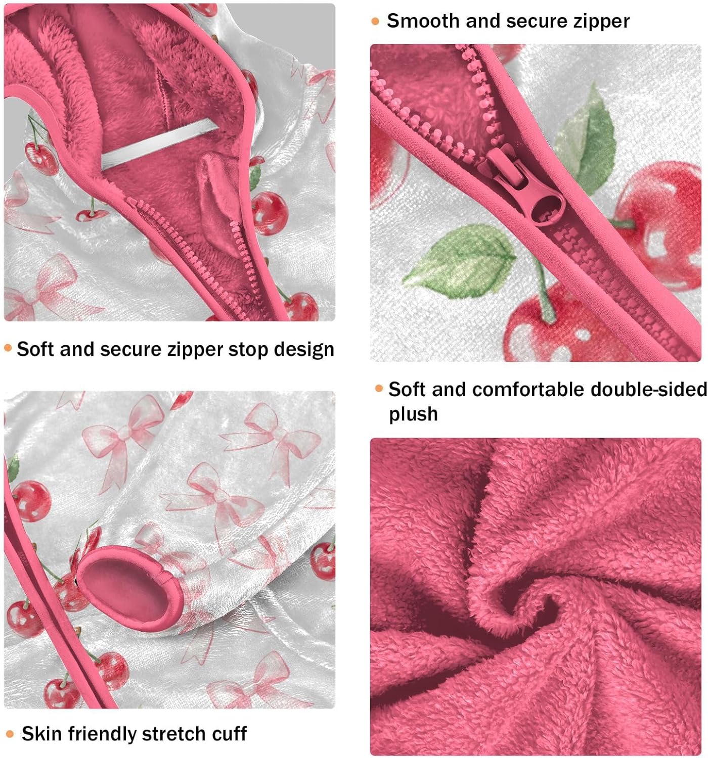 Girls Hoodie Outfit Watercolor Cherry Pink Bow Pattern Zipper Sweatshirt Coat Fleece Jacket for Kids 3-10T