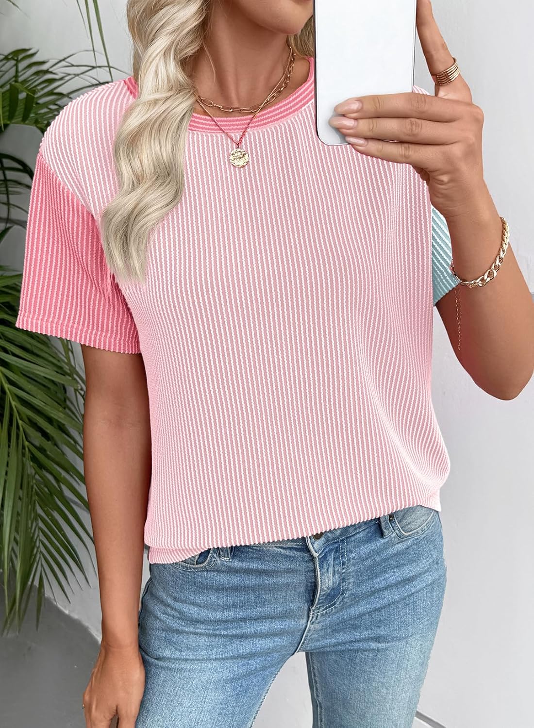 EVALESS Women's Short Sleeve T Shirts Ribbed Knit Crewneck Multicolour Block Tee Blouses Spring Tops 2026 Trendy - Image 5