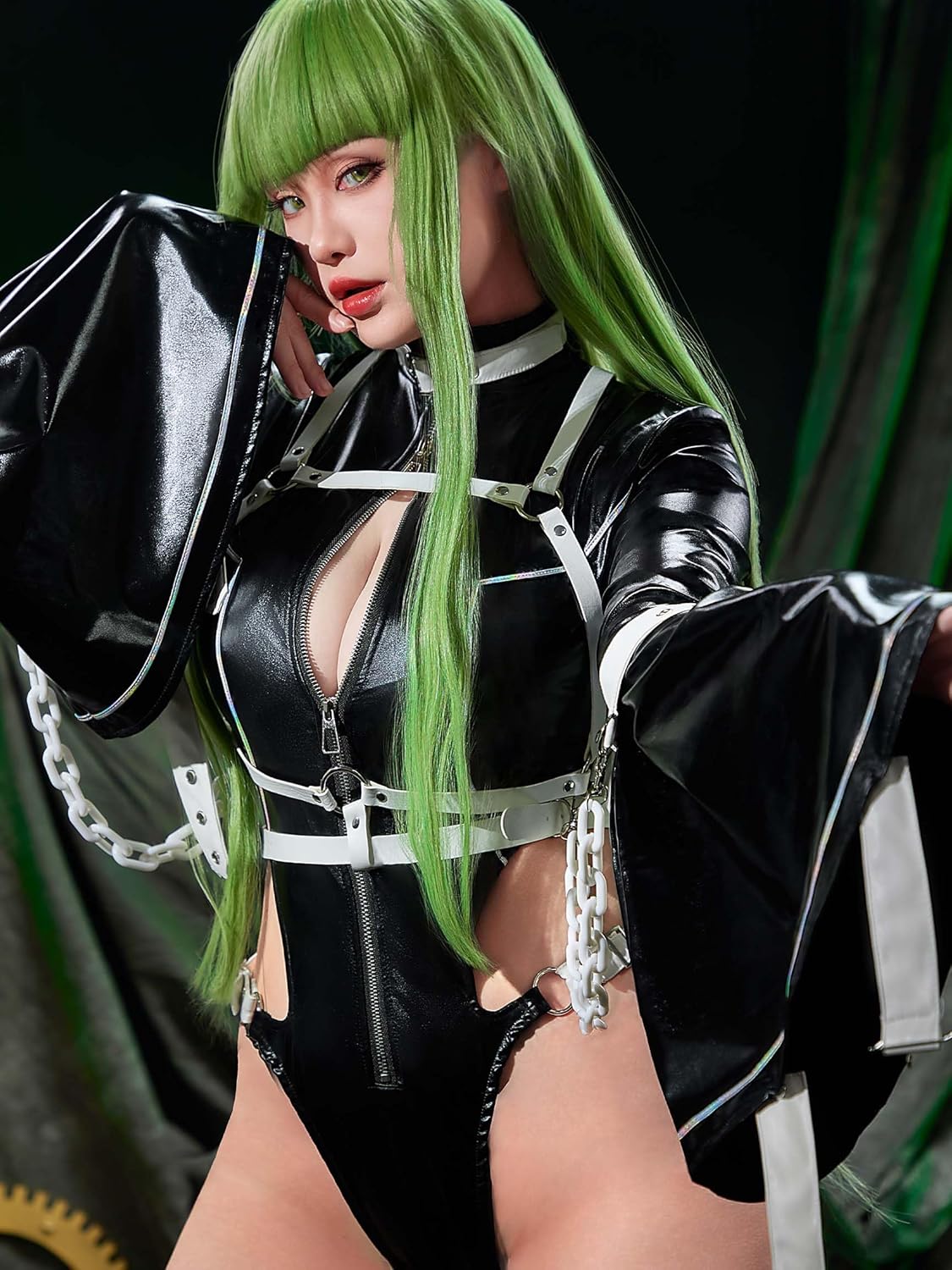 Mobbunny Women Anime Derivative Cosplay Costume Black Bodysuit Lingerie Hollow Strap Jumpsuit With Stocking - Image 5