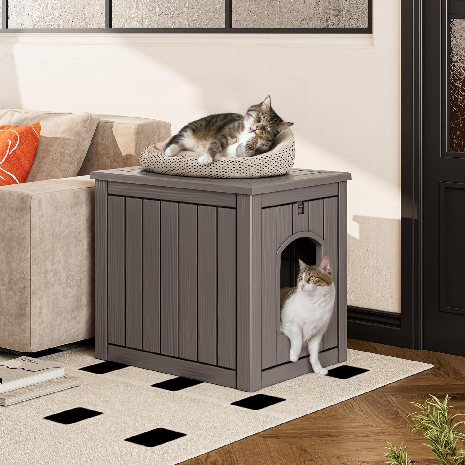 LHBcraft Outdoor Cat House Weatherproof for Winter Outside, Feral Cat Houses for Outdoor Indoor Cats Shelter, Sturdy Resin Shelter for Garden, Patio, Easy to Assemble, Grey