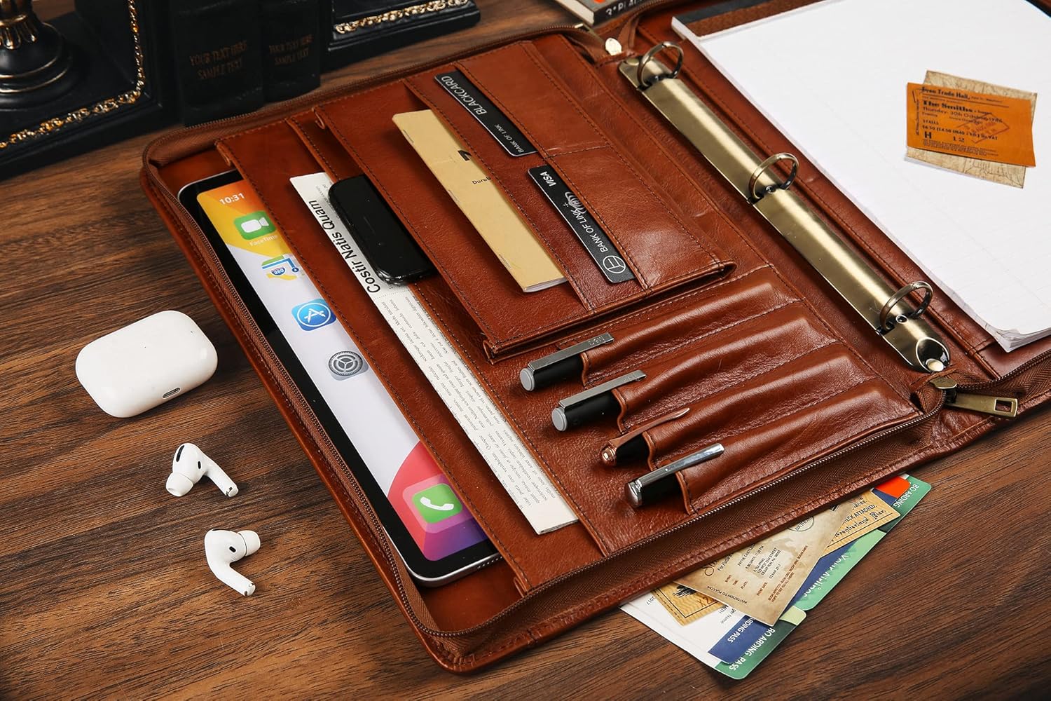 Handmade Leather Portfolio Binder - 3 Ring Binder Portfolio Genuine Leather Business Padfolio, Personlized Legal Pad Folio Folder for Lefty & Righty - Oil Brown