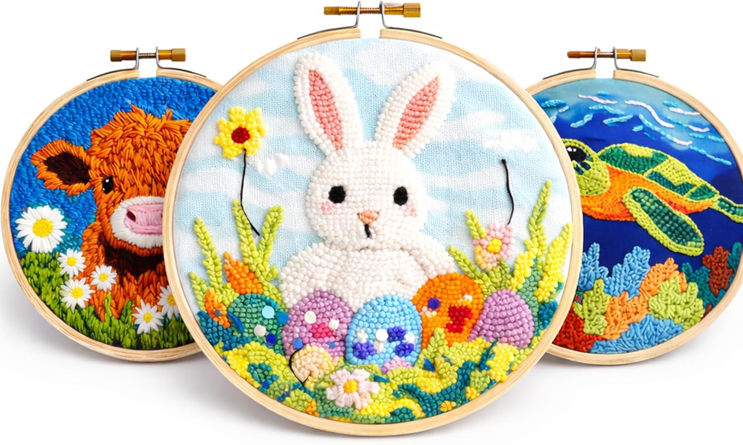 3 Pack Punch Needle Kit for Beginners Adults - DIY Embroidery Kit with Patterns (Highland Cow, Bunny, Sea Turtle) - Complete Needlepoint Craft Kits with 3 Hoops, Yarn, and Tools for Home Decor Gift