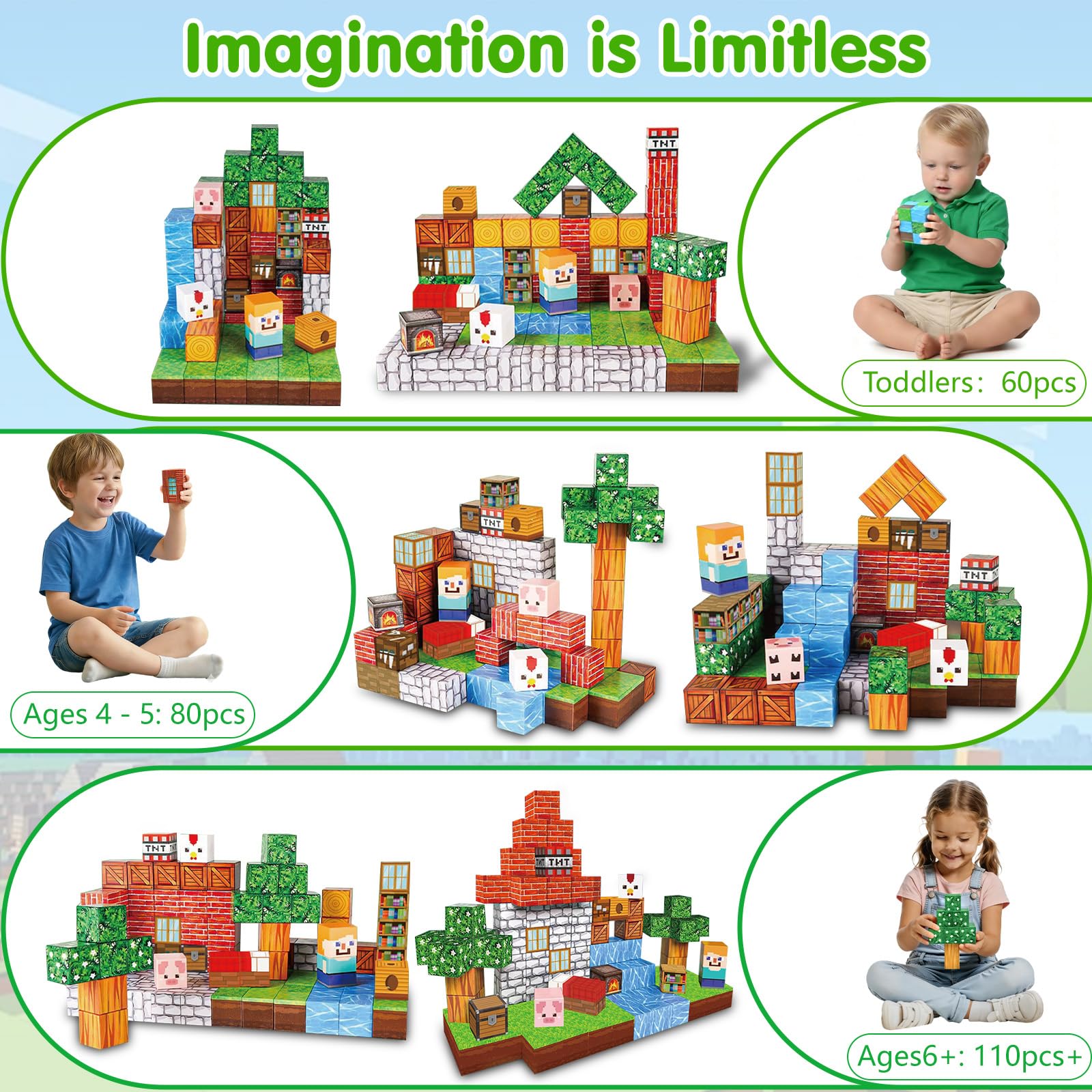 TEBOKHAD Bloques de construcción magnéticos, 110 piezas, bloques magnéticos, juguetes magnéticos, juguetes para niños, bloques magnéticos para niños a partir de 3 4 5 6 7 8 9 años - 4