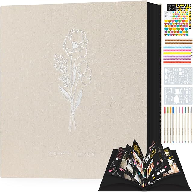 Lanpn Scrapbook Photo Album 80 Black Pages, Linen Craft Paper Scrap Book DIY Scrapbooking Kit Memory Book 12.2x13.2 inch with 10 Metal Pens Photo Corners Stickers Templates (Beige, 31x33.5cm)