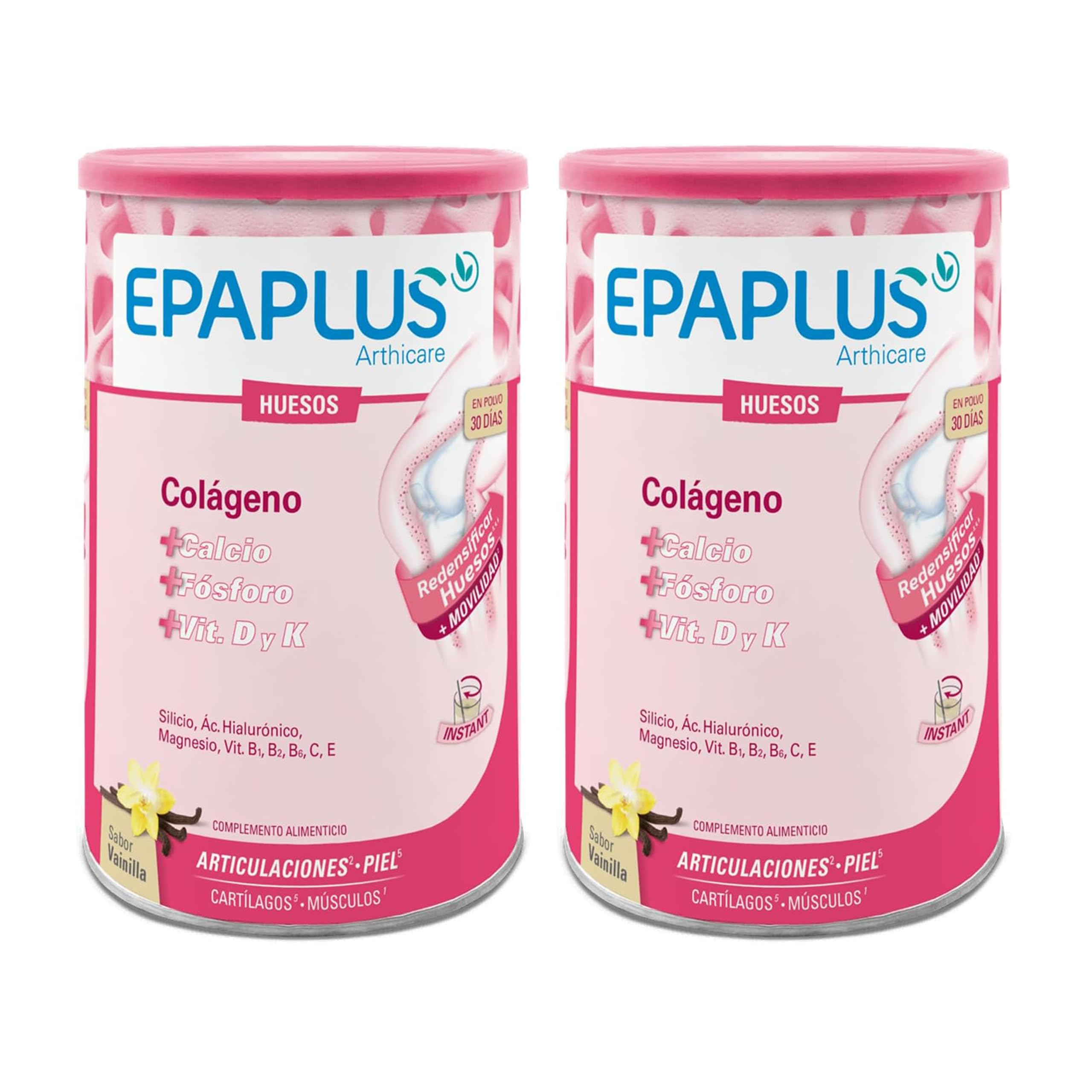 EPAPLUS Articulaciones huesos, Pack 2 Botes tratamiento para 60 días Colágeno, 776 gr total + Vitamina D + Vitamina K + Calcio + Silicio, Disolución Instant Sabor Vainilla