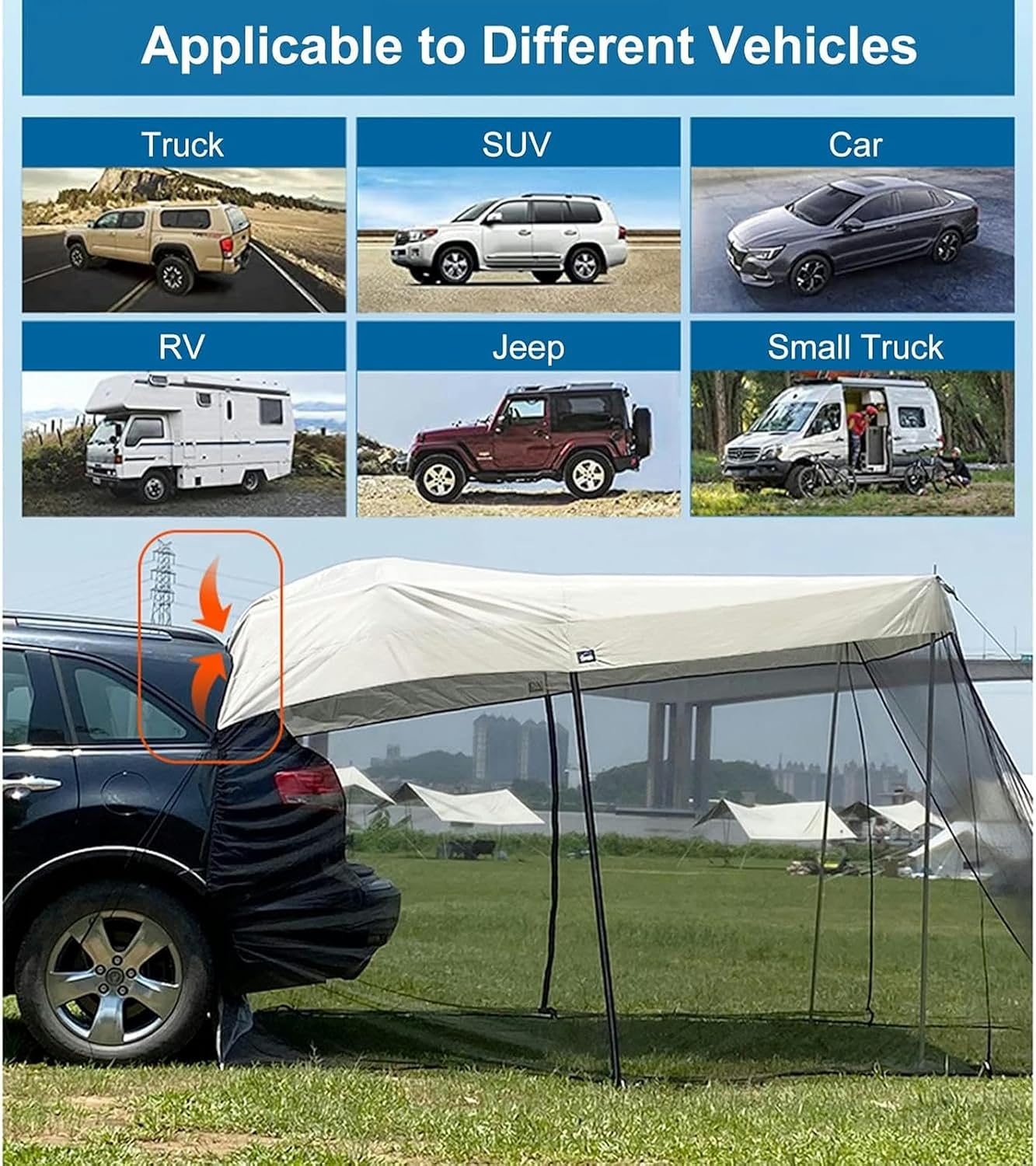 AMNOOL Shade Awning Tent for Car Camping Black Mesh Screen Sunshade, Vehicle Awning, Waterproof Car Awning Sun Shelter, Outdoor Camping Travel (Color : Blue)