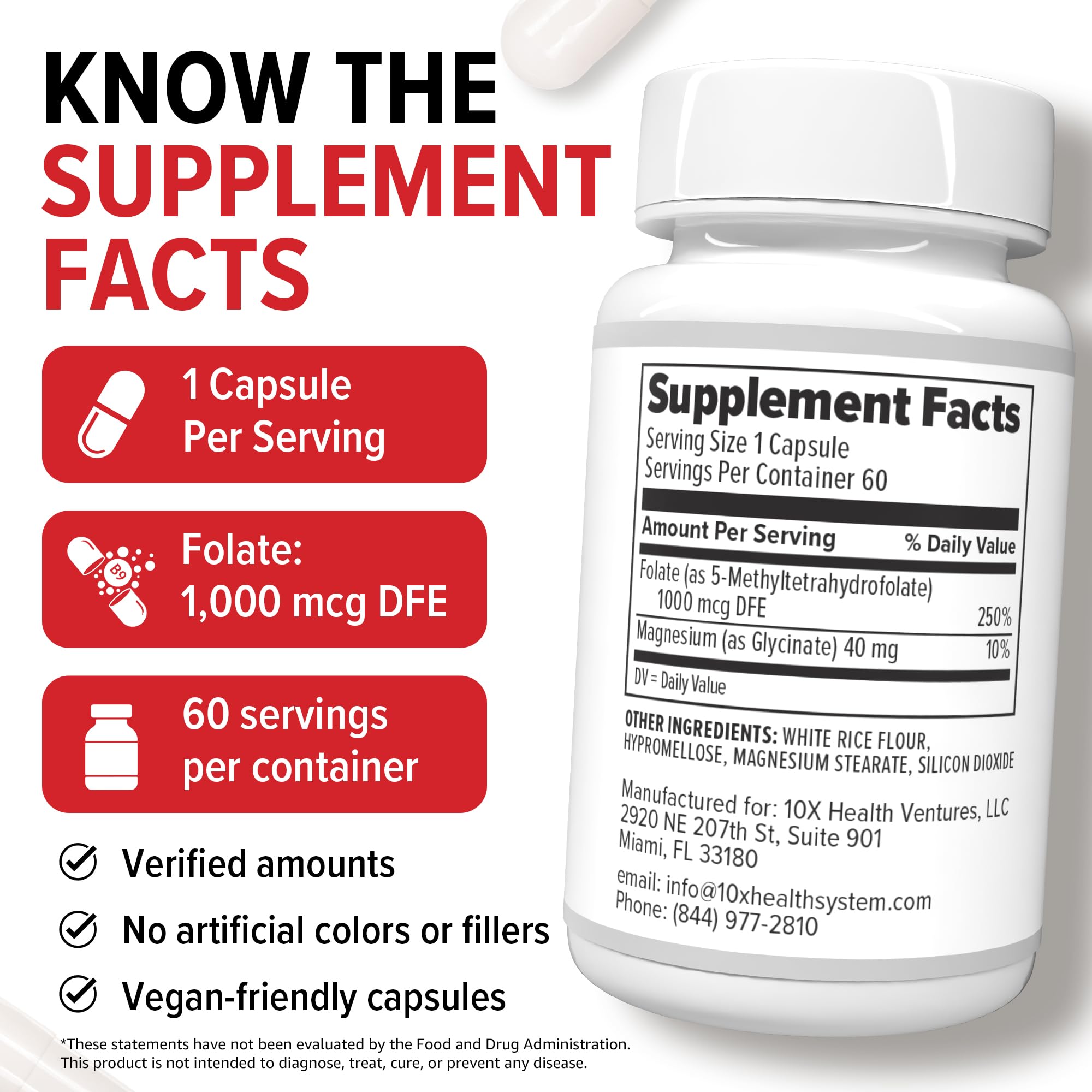 10X Health 5-MTHF Methylfolate Supplement with Magnesium, 60 Capsules — Amazon image 3