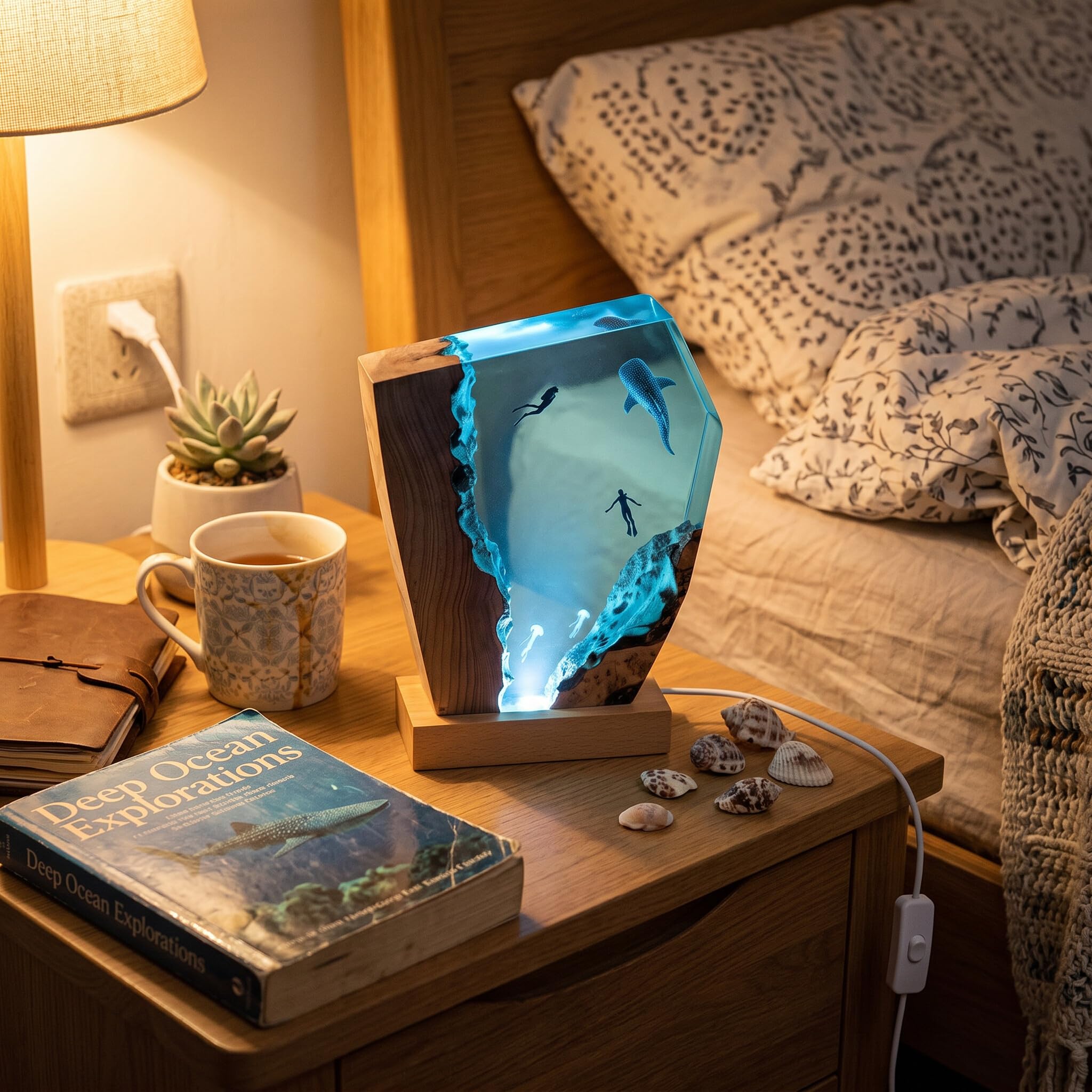 Tnfeeon Lampada a Resina Oceanica, Lampada da Comodino con Squalo Balena e Subacquei, Luce Notturna LED per Camera da Letto, Decorazione Artistica da Scrivania, Base in Legno Massiccio