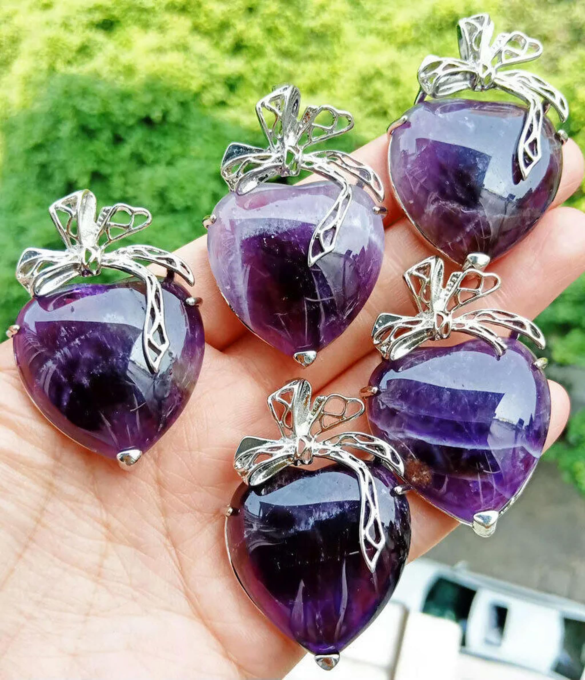 10 Pezzi di Ciondolo a Forma di Cuore con Pietra di Ametista e Fiocco