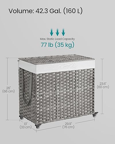Miniatura 5 de SONGMICS Cesta de lavandería con tapa, 42.3 galones (160 L), cesta de lavandería con ruedas, ratán sintético de 3 secciones, forro extraíble,