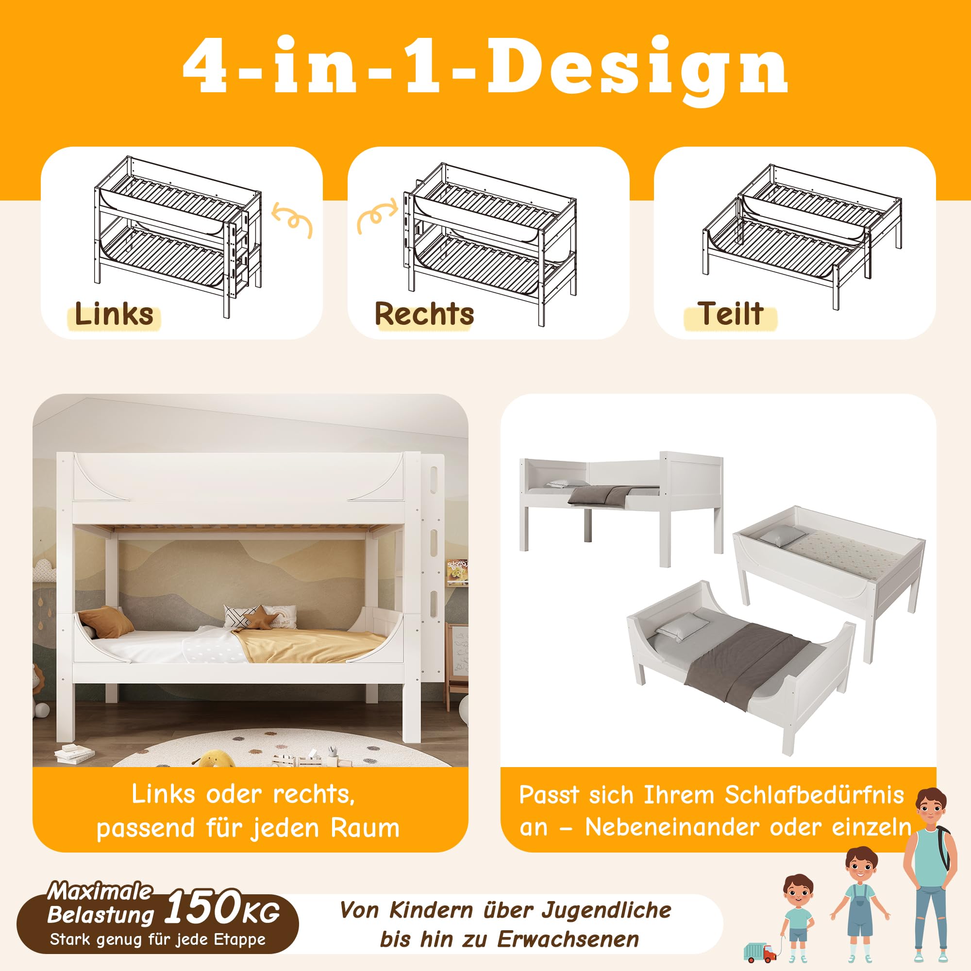 ModernLuxe Trennbares Etagenbett Hochbett 90x200, Kinder Etagenbett mit Leiter am Kopf-/Fußende,aus 1 Bett Werden 2 Einzelbetten, Massivholz, Weiß,ohne Matratze