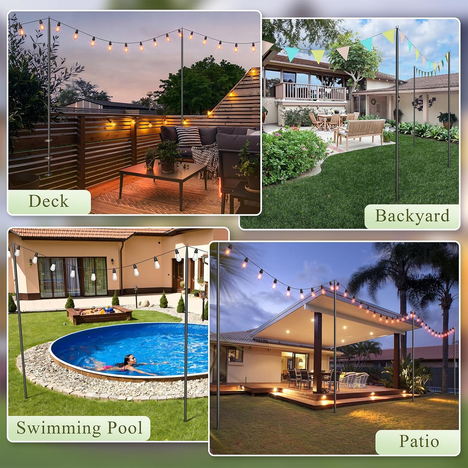 Jusgym String Light Poles for Outside 2 Pack, 10Ft Metal Poles Stand for Hanging Outdoor Light Strings, Adjustable Light Poles with Fork, for Patio, Deck, Backyard, Garden, Party