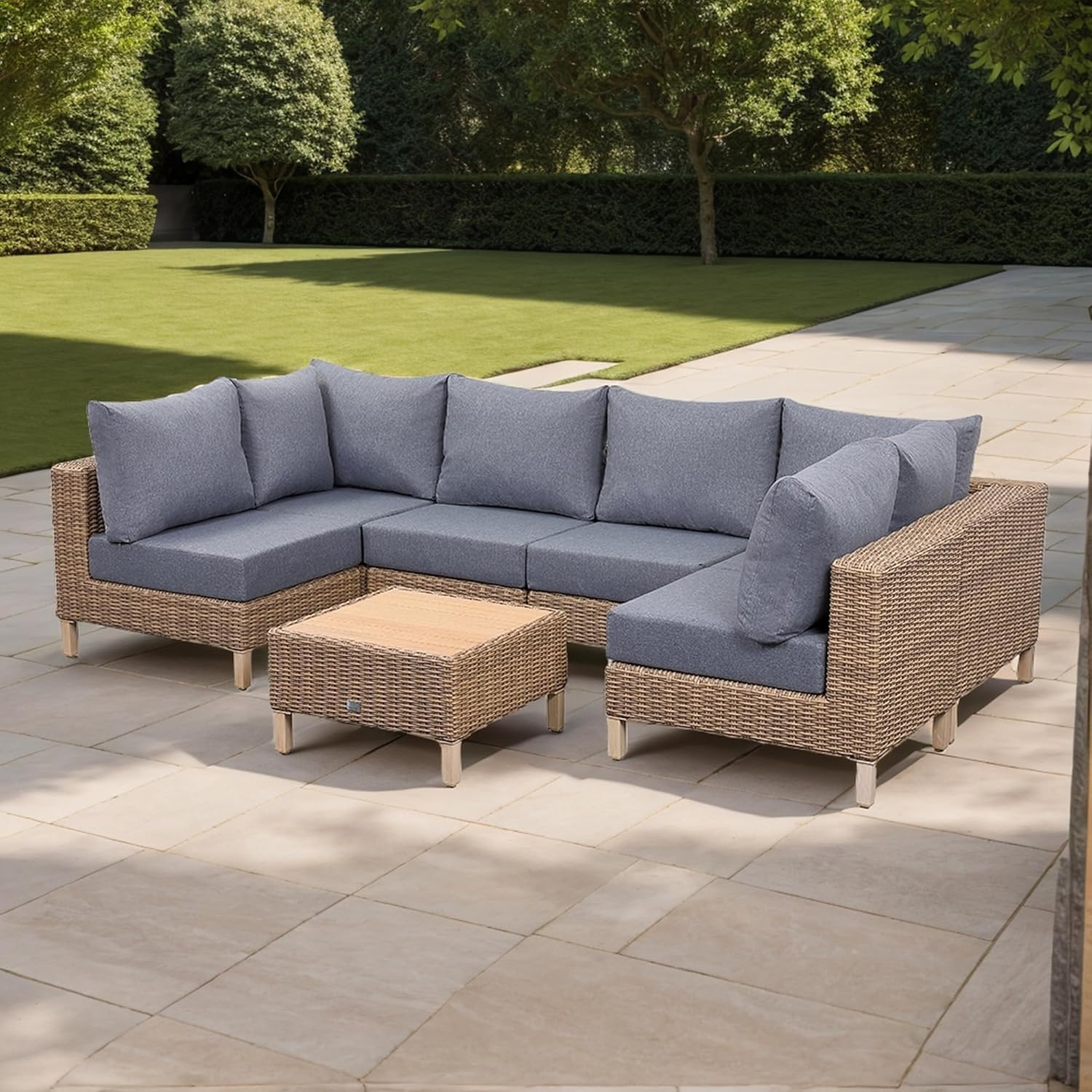 Rattan park Lawrence Range Rattan Garden Furniture U-Shape Corner Sofa Set in Round Brown Rattan with Cushions and Teak Wood Table Top