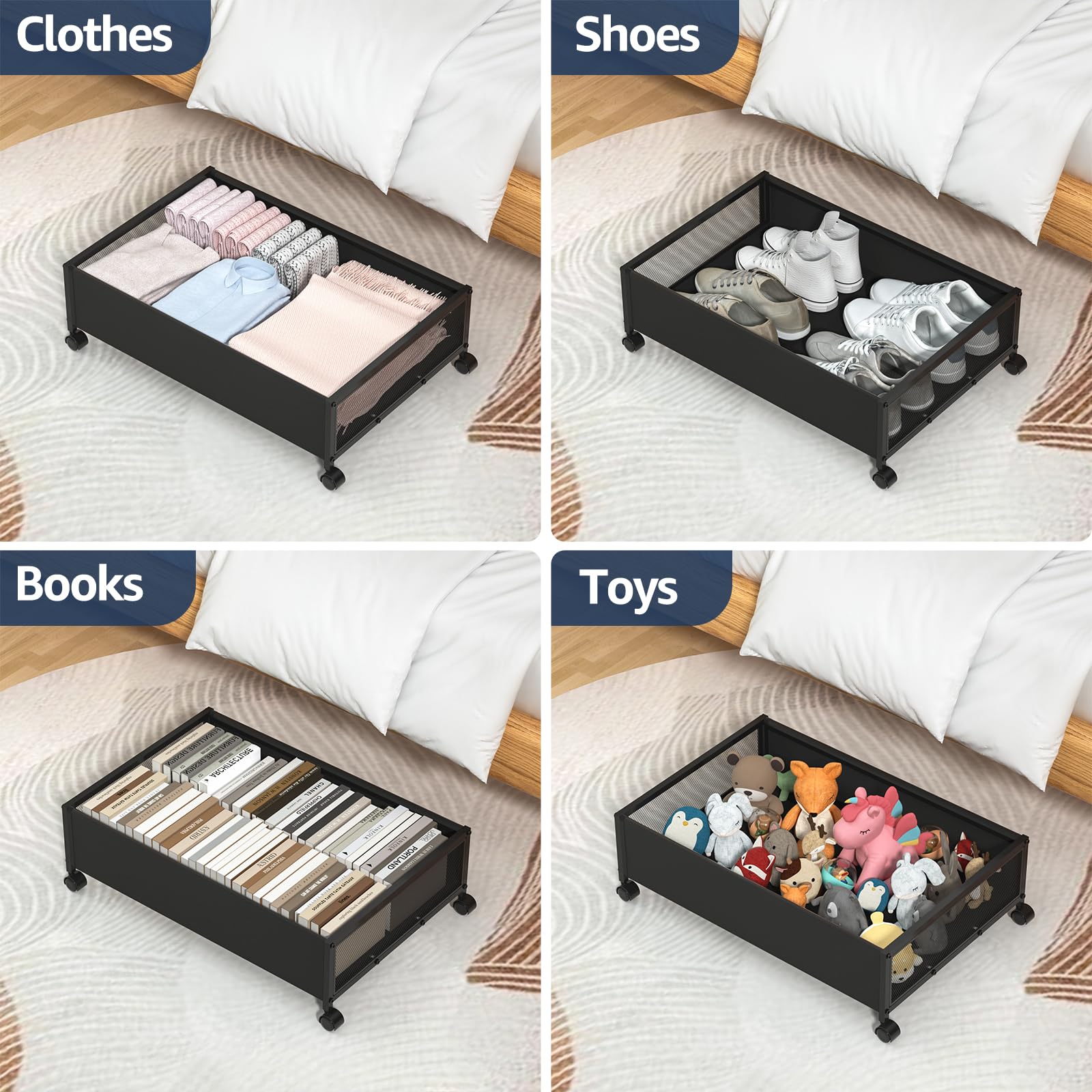 Contenitore sotto il letto con ruote, contenitore sotto il letto con coperchio, contenitori in metallo, contenitore per scarpe, vestiti, giocattoli, snack, libri (1 confezione)