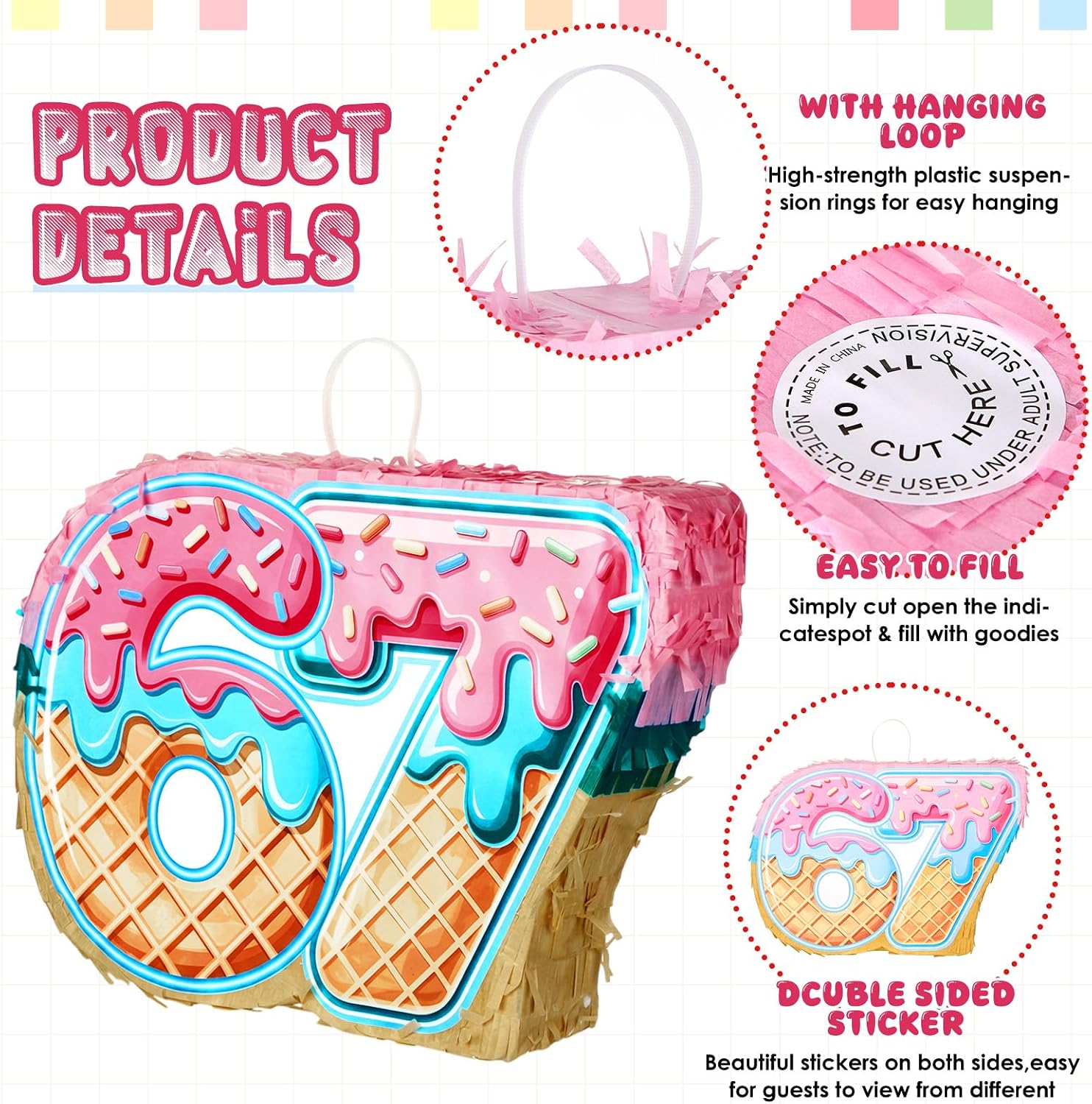 Soulchen Ice Cream Drip Theme Piñata Number 6 7 Party Supplies with Bat Stick Blindfold and Confetti for Funny Six Seven Theme Birthday Party Game Decorations