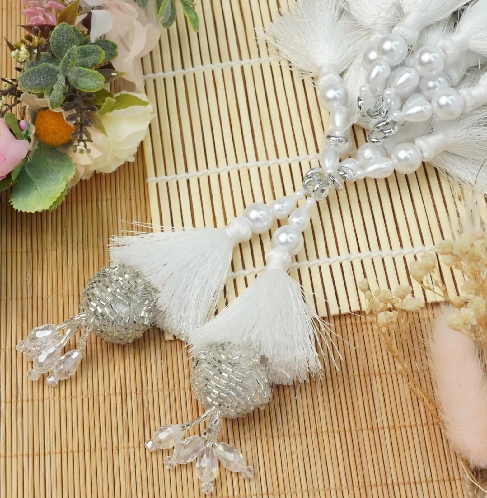Feathers Creation Ltd Sew On Metallic Tassels Garland – Handmade Satin Thread & Beaded Latkan for Curtains, Saree Blouse Edging, Wedding Dress & Craft DIY – Pair of 5 Inch Tassels (Silver)