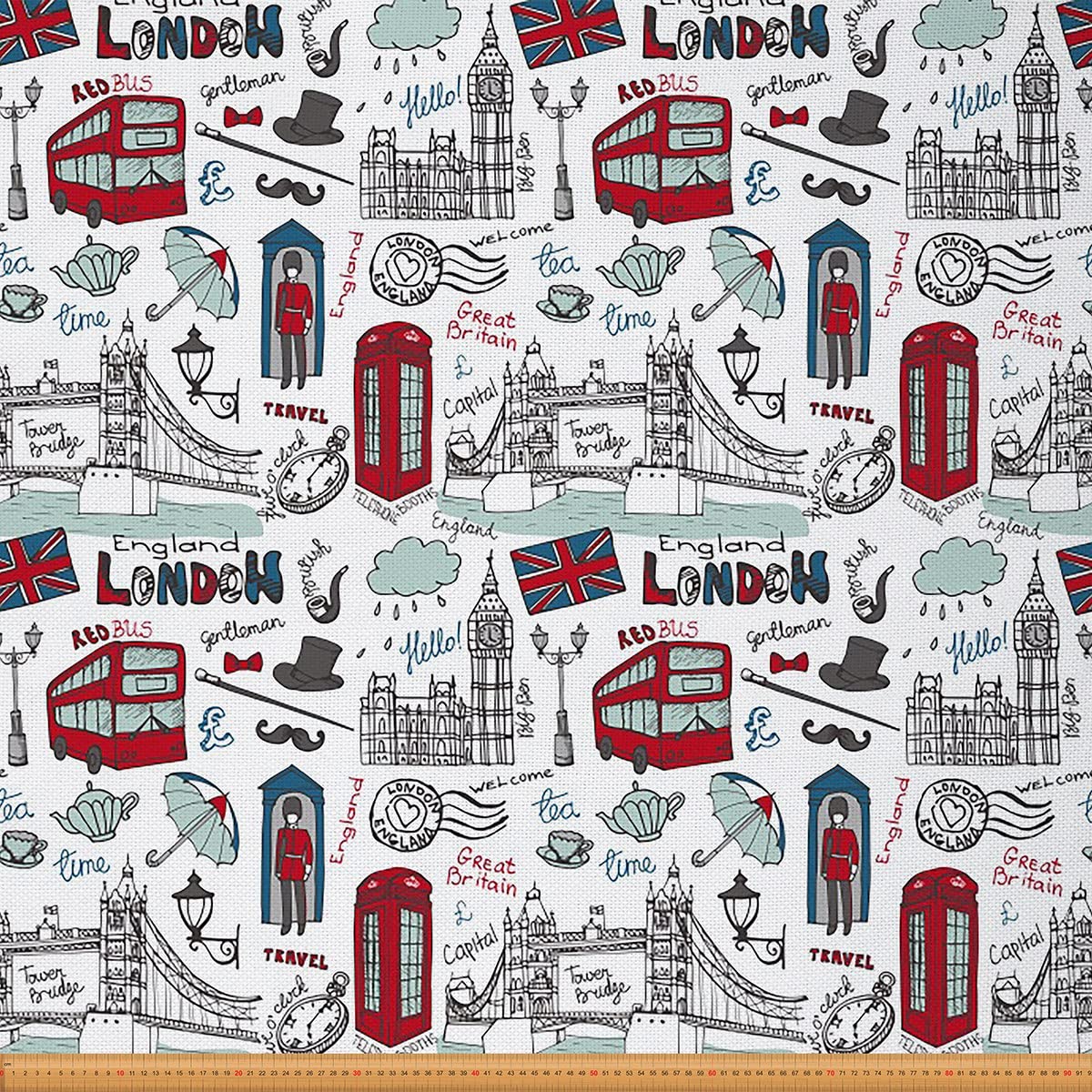 London Fabric by The Yard Cartoon London Landmarks Design Illustration Upholstery Fabric for Chairs England Vintage Big Ben Famous Telephone Booth Decorative Waterproof Fabric 1 Yard,(L92*W150cm)