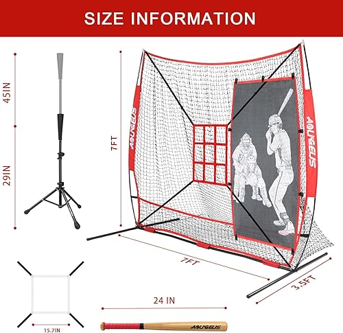 Miniatura 7 de Red de práctica de sóftbol de 7 x 7 pies, red de lanzamiento y bateo con camiseta de béisbol, maniquí de bateo, zona de ataque y marco de arco