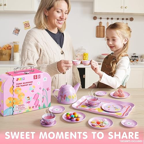 Miniatura 6 de JOYIN Juego de té de flores de hadas para niñas pequeñas, juego de tetera de lata rosa, juego de cocina de princesa con tetera, taza, plato, estuche