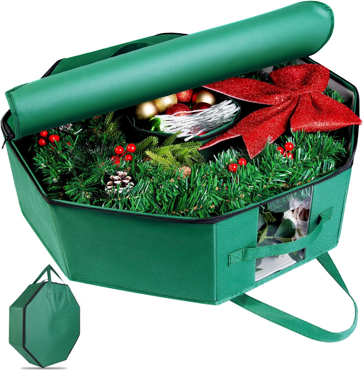 BrilliantJo 2 Pack Wreath Storage Hard Shell Christmas Decorations Case Bag with Interior Pockets 600D Oxford Fabric 24 Inch Xmas Container Box for Holiday Zipper and Handles Labeling Card Slot Green