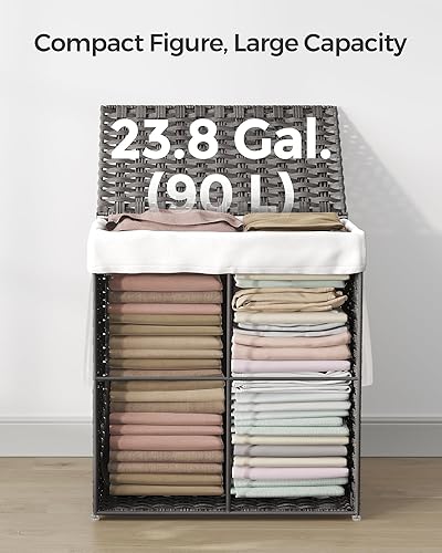 Miniatura 6 de SONGMICS Canasta para la ropa sucia con tapa, cesta de 23.8 galones (90 L) de ratán sintético para ropa con tapa y asas, plegable, forro extraíble