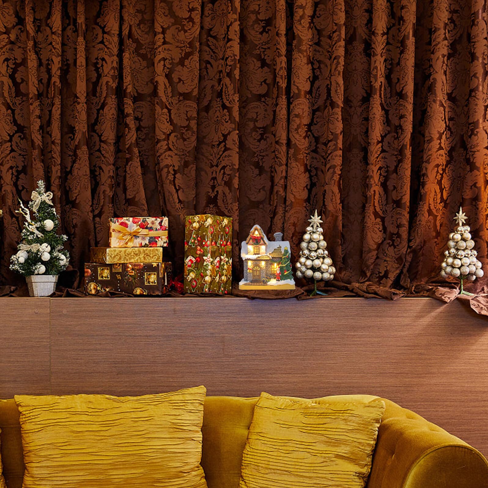 Housoutil Weihnachtliche Harz Hausdekoration mit LED Beleuchtung Kleiner Haus Ornament für Schlafzimmer und Büro Dekorativ und Festlich im Weihnachtsstil