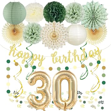 Vlipoeasn 30th Birthday Decorations for Men Women, Green Gold 30th Birthday with Glitter Birthday Banner, Number 30 Foil Balloon, Confetti, Paper Fans, Pompoms, Lantern for 30 Years Old Birthday Party