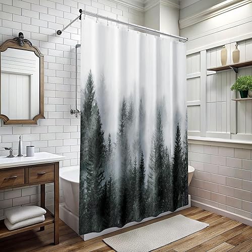 Miniatura 9 de ORTIGIA Cortina de ducha de 78 pulgadas para baño, juego de cortina de ducha de bosque natural con ganchos, cortina de baño decorativa con niebla