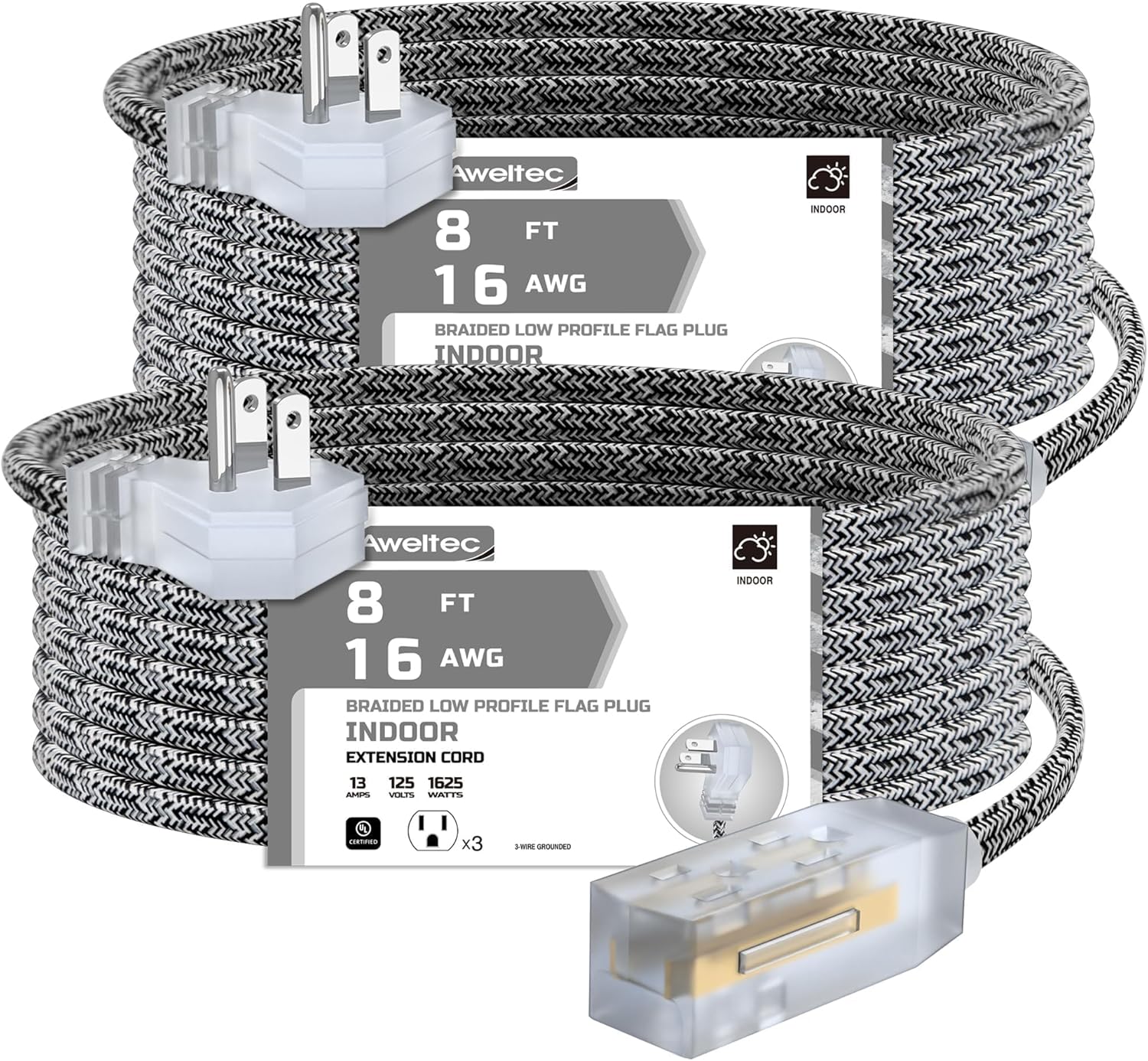 2 Pack Extension Cord 8 Ft,3 Outlet Braided Cable,16 Gauge Wire SPT-2, Multiple Outlets Tamper Guard,Outlet Saver,3 Polarized Outlets with Safety Cap Protection for Home Office, Black/White