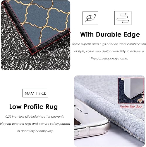 Miniatura 2 de Alfombra de pasillo de hotel de 5, 10, 12, 16, 20 pies, antideslizante, clásica, con flores doradas, alfombra de área rectangular azul sin pelo para