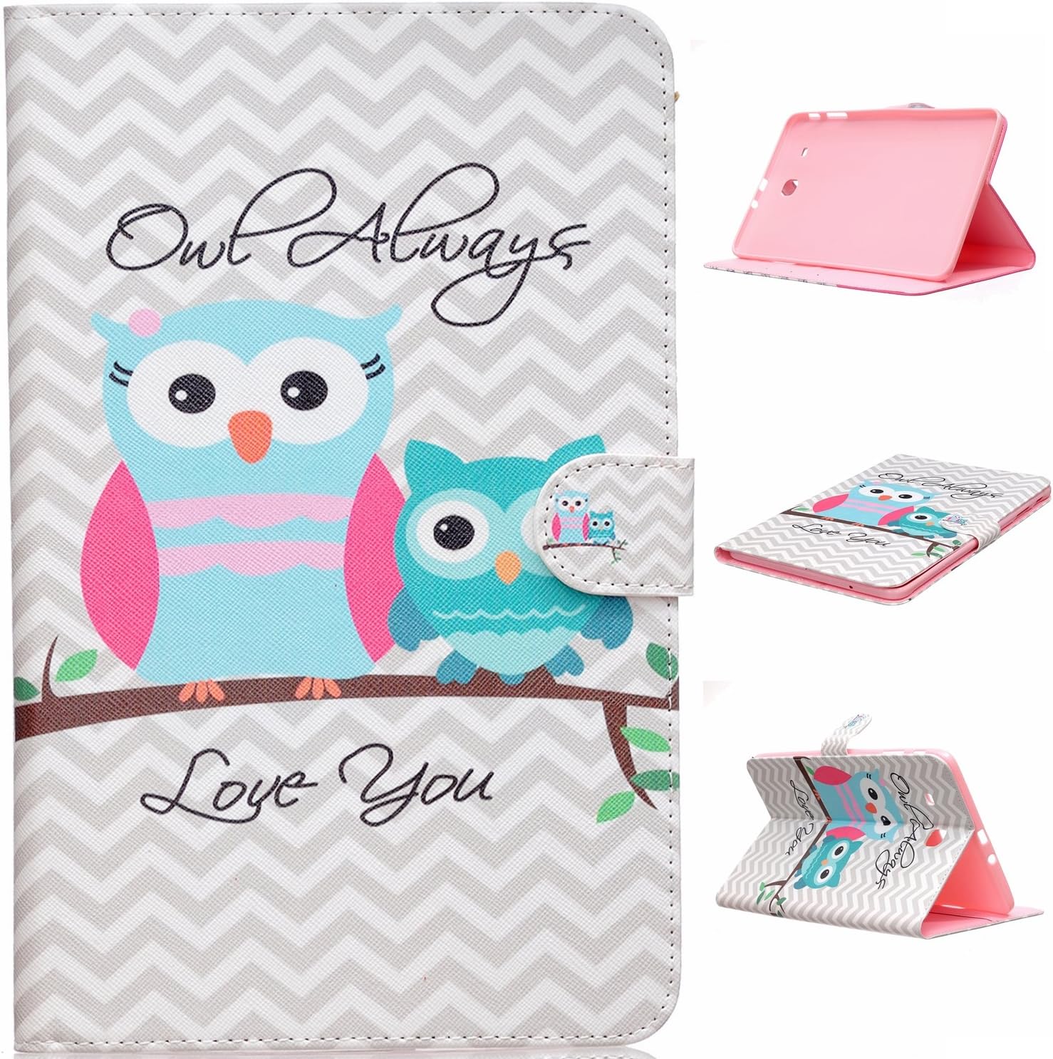 Dooki, Samsung Galaxy Tab E 9.6" Tablet Case - Credit Card Holder Slot Flip PU Leather Stand Wallet Case Cover For Samsung Tab E SM-T560 / T565 9.6 Inch Tablet (Tree Owls, A12)