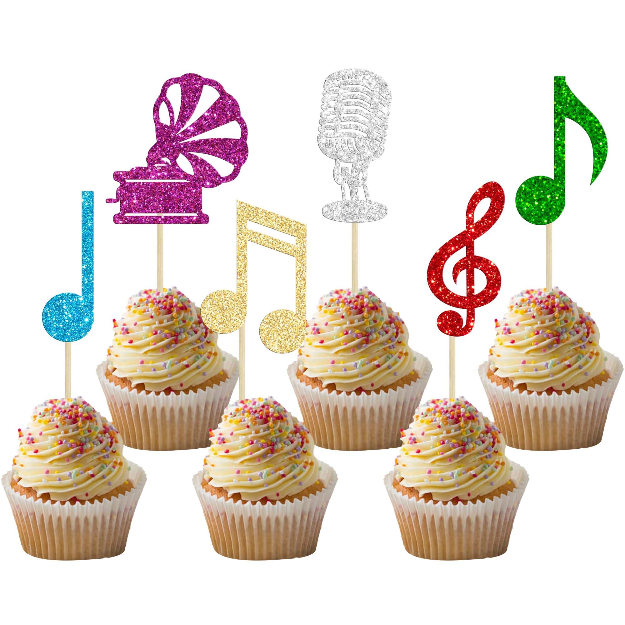 Ephlyn 30Pcs Music Theme Cupcake Toppers Glitter Microphone Musical Symbol Cupcake Picks Rock Music Concert Theme Birthday Party Decorations Supplies Multi Note