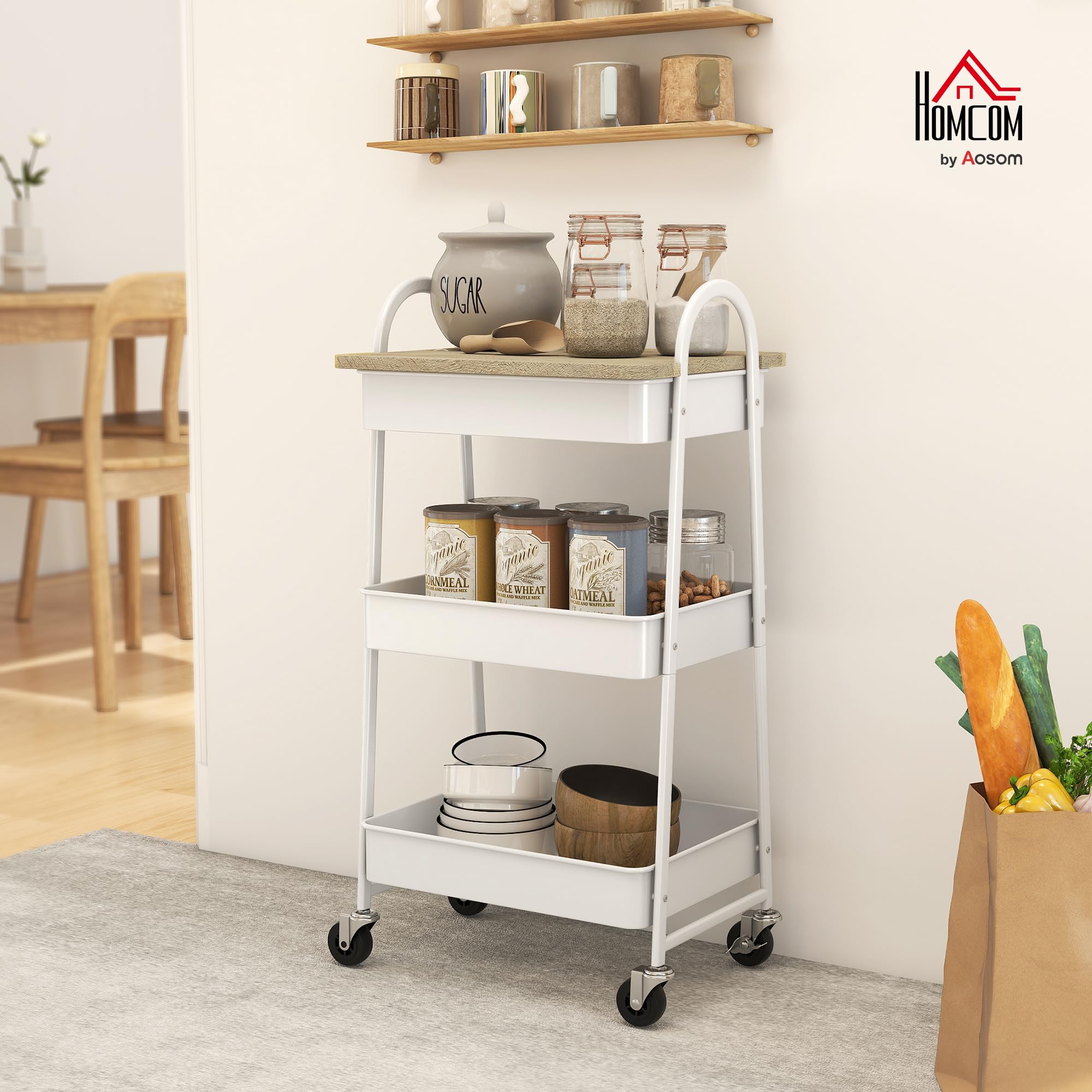 HOMCOM Desserte Cuisine, Chariot de Service à 3 Niveaux, avec Plateau supérieur, paniers en Maille, poignées, Chariot de Rangement à roulettes pour Salon, Bureau, Cuisine, 45 x 32 x 77,5 cm, chêne