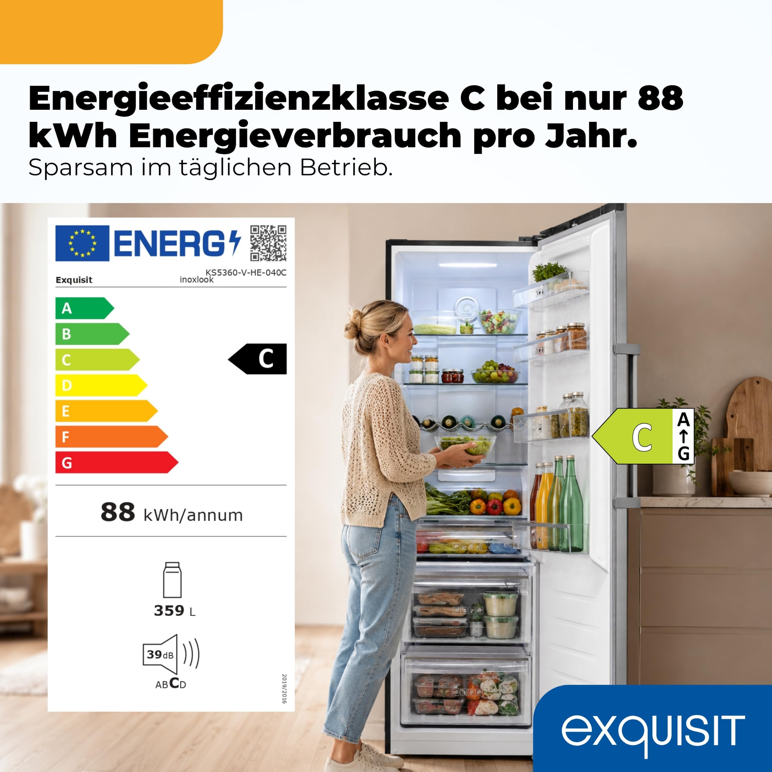 Exquisit Kühlschrank ohne Gefrierfach, 359 Liter, No-Frost, Alarm-Funktion, 5 Ablagen, 4 Türablagen, Gemüsefach, LED-Beleuchtung, Vollraumkühlschrank, KS360-V-HE-040D inoxlook