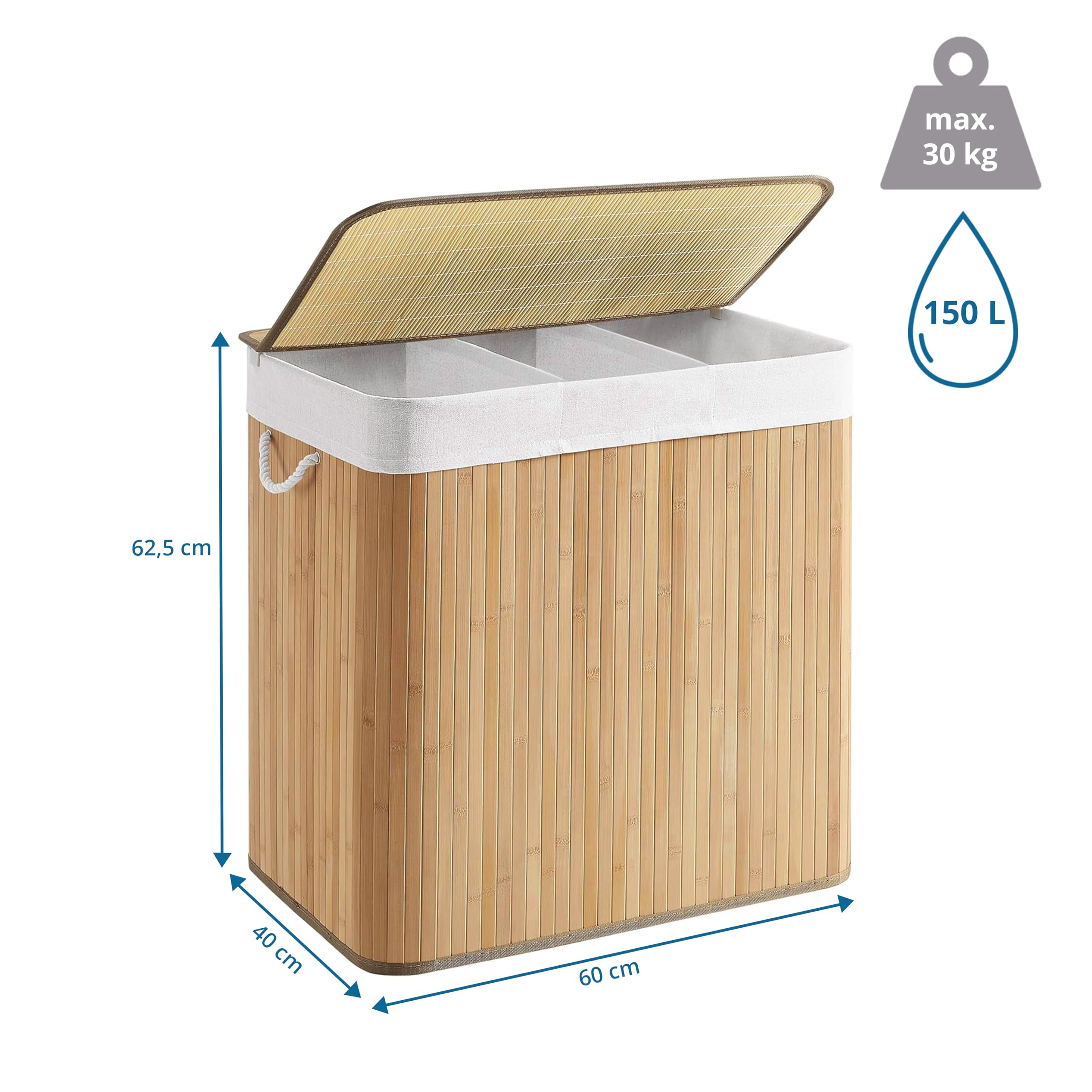 Panier à linge 3 compartiments FALSTER XXL B, 150 L, collecteur de linge avec couvercle, boîte à linge en bambou avec poignées, fonction pliable pratique, brun