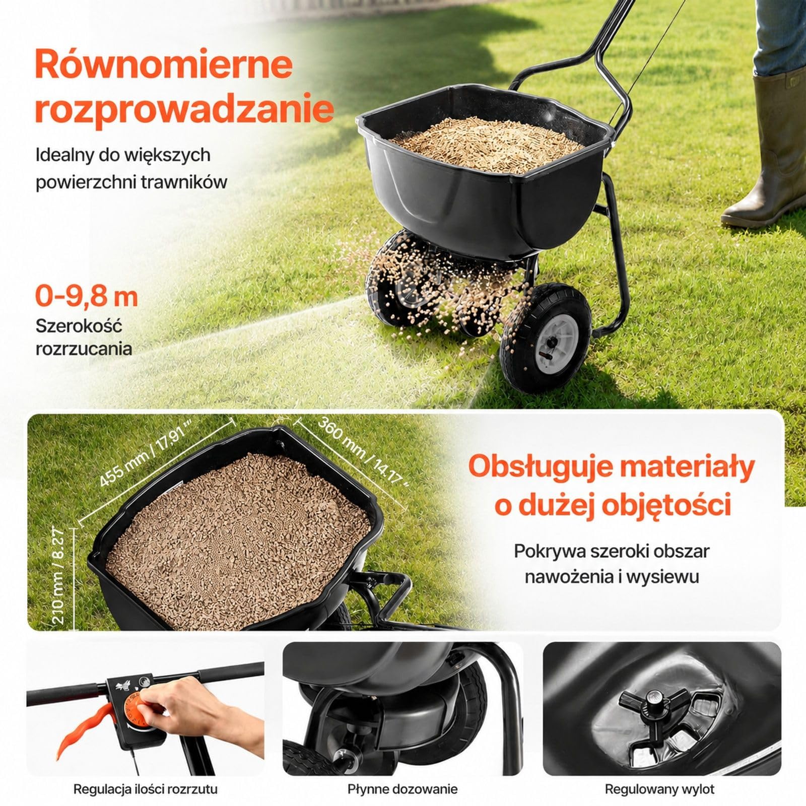 Rozsiewacz pchany 27 kg z zasobnikiem i oponami pneumatycznymi do nasion oraz nawozu w ogrodzie i na trawniku