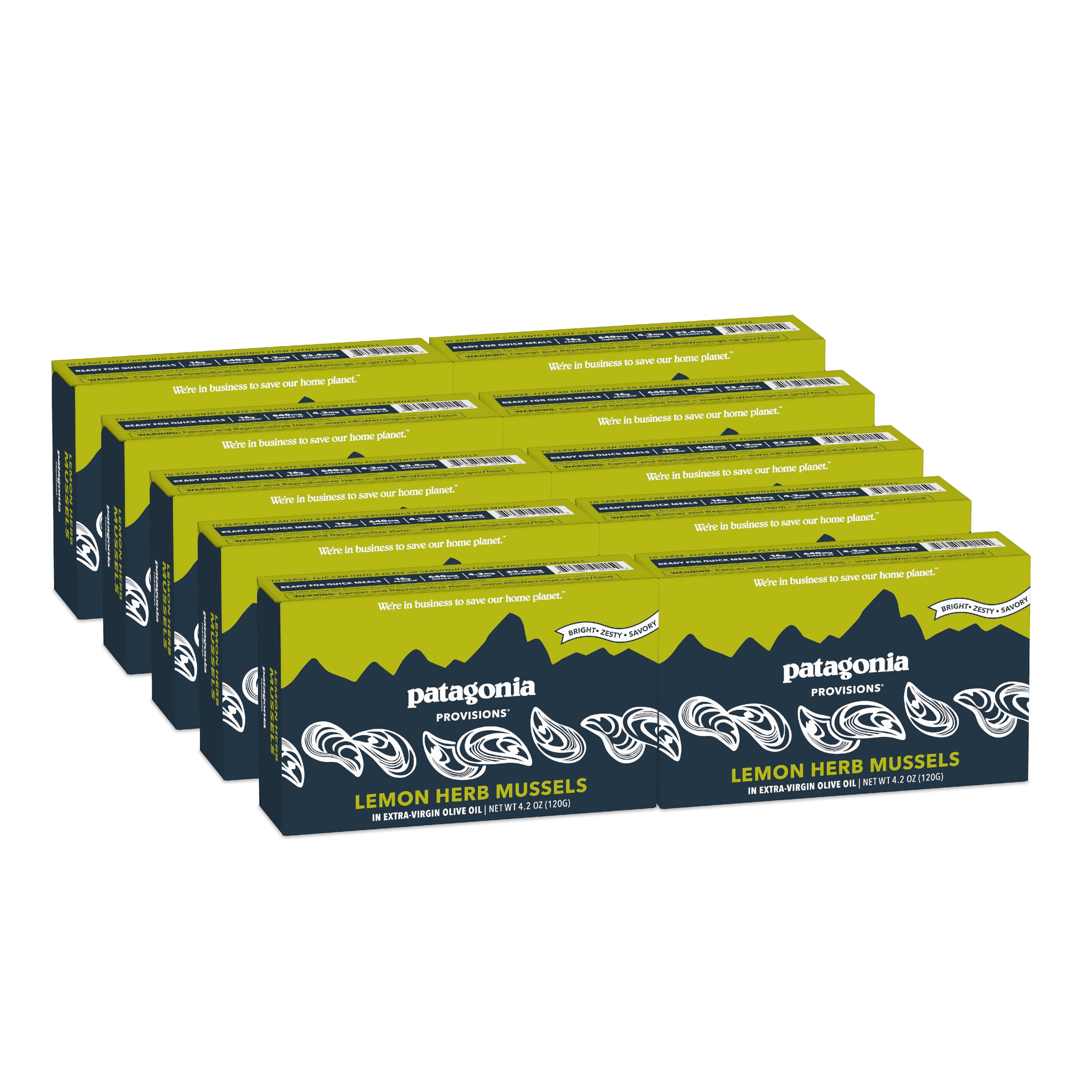 Patagonia Provisions - Lemon Herb Mussels in Extra Virgin Olive Oil | Responsibly sourced | 16g Protein & Gluten Free | Pack of 10